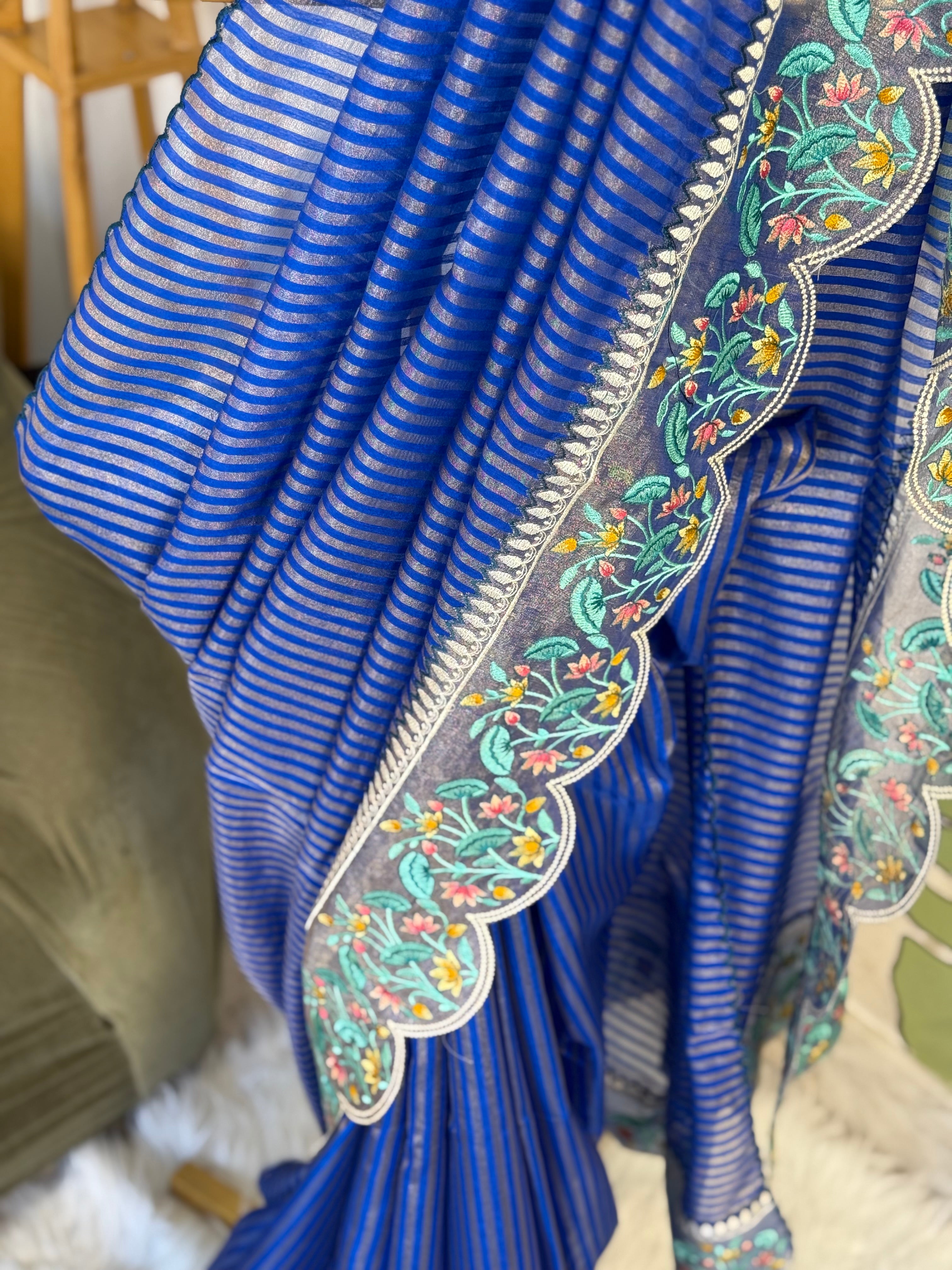Royal Blue Designer Chiniya Tissue Silk Stripe Saree with multi color floral embroidered on Tissue Base