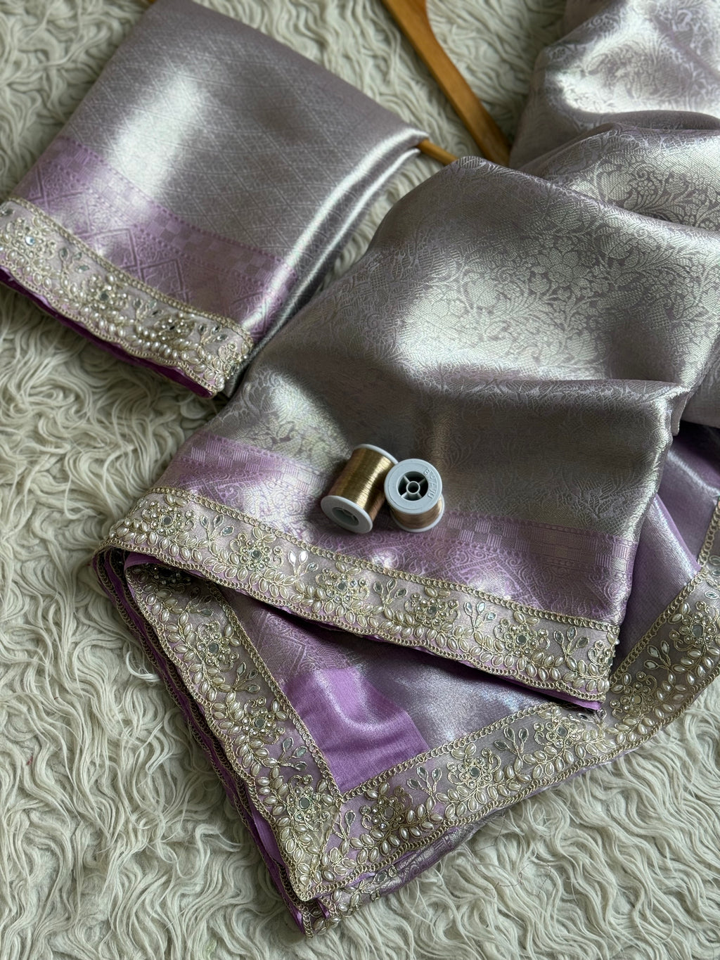 Lilac Bridal Kanjeevaram Brocade Tissue Saree with Designer Pearl and Mirror Lace Work