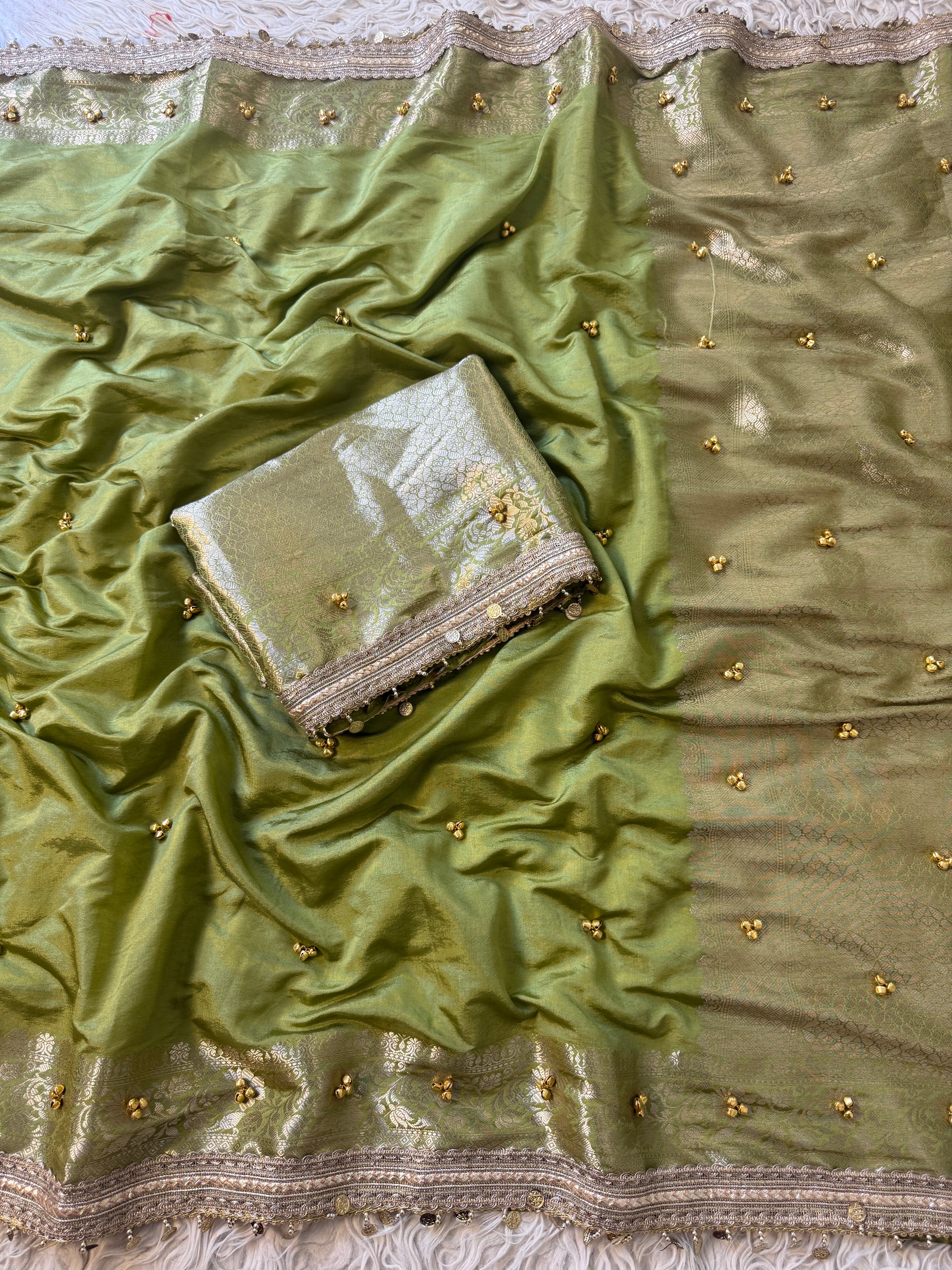Green Banarasi butter silk saree X ghungroo work