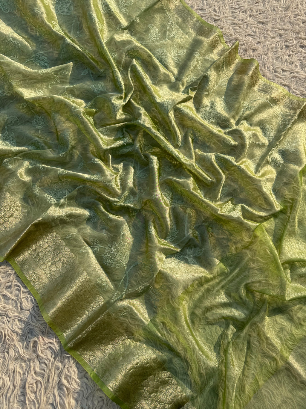 Pista Banarasi Embroidery Tissue Silk Saree