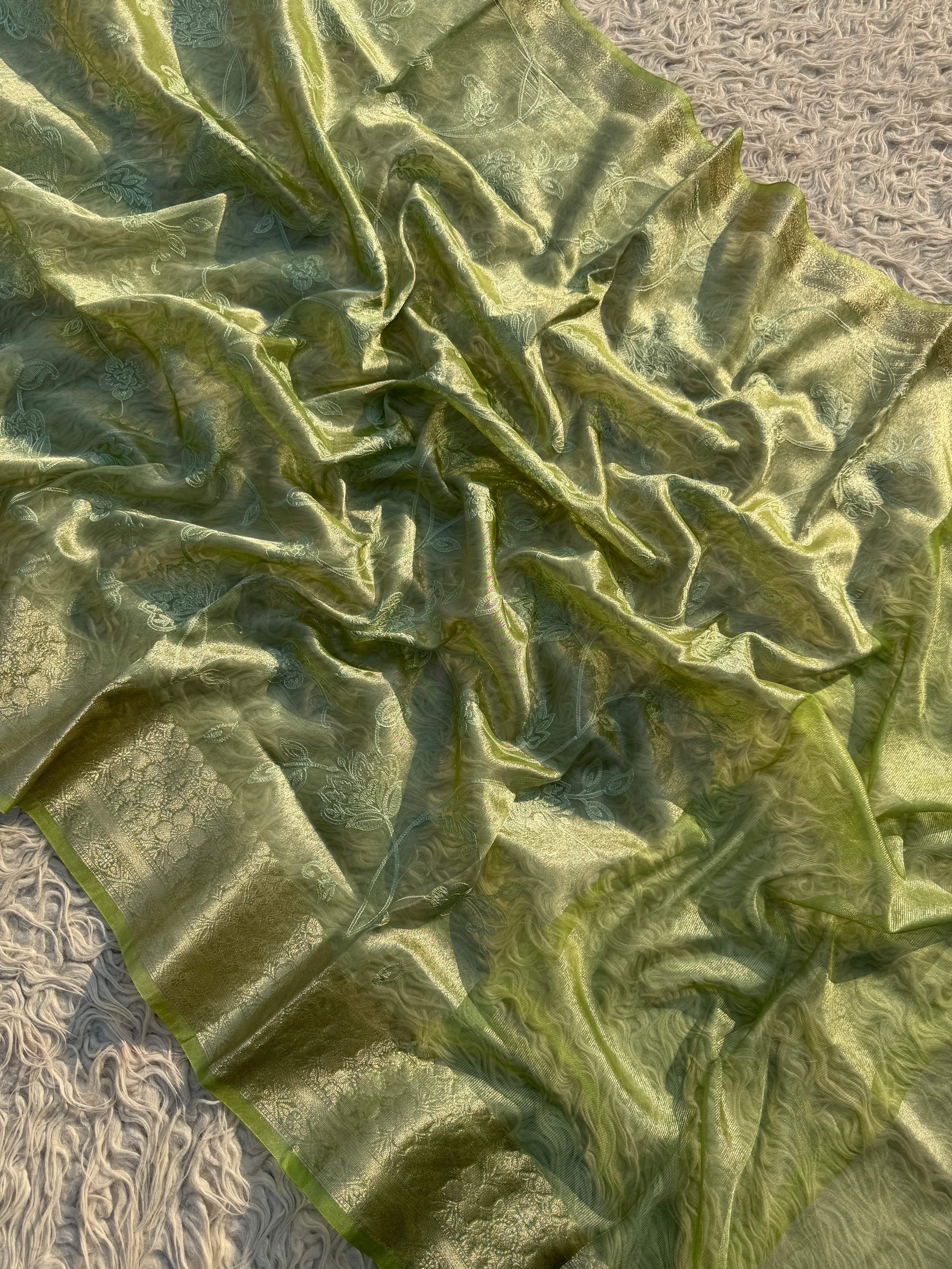 Pista Banarasi Embroidery Tissue Silk Saree