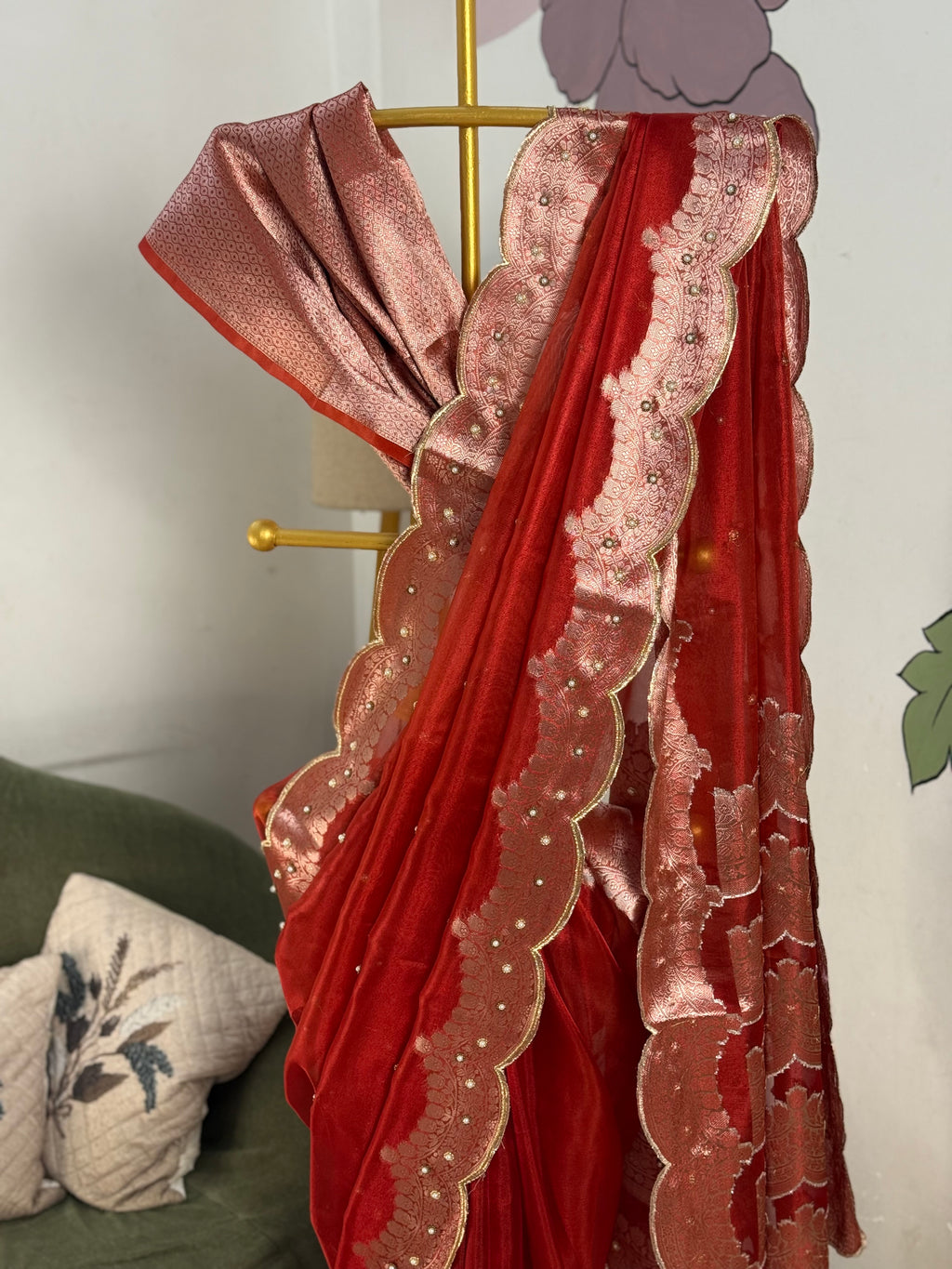 Banarasi Tissue Saree with Aari Work on all over Body with Intricate scallop border and Pallu