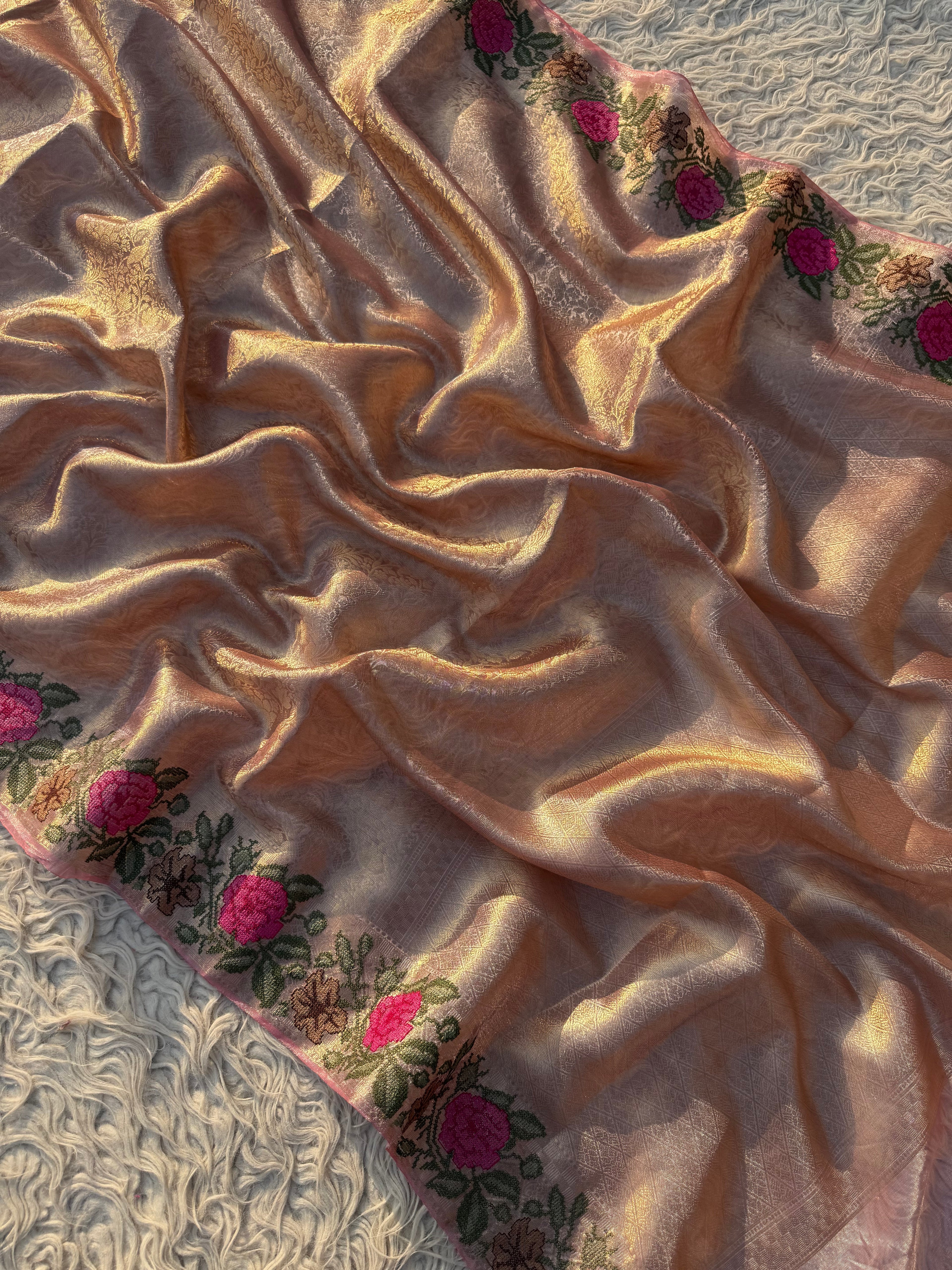 Pink Banarasi Tanchui Embroidery Tissue Silk Saree