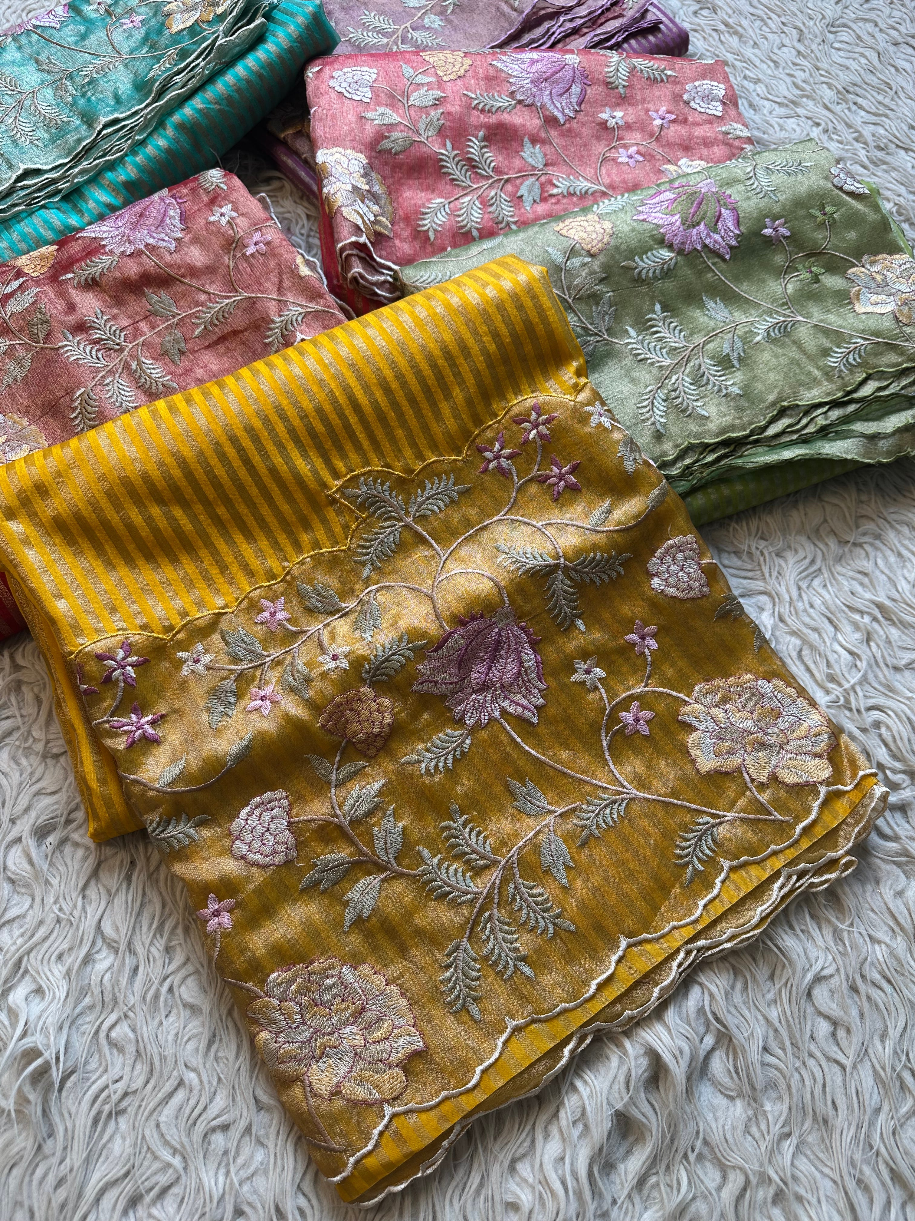 Yellow Designer Chiniya Tissue Silk Stripe Saree with multi color floral embroidered on Tissue Base