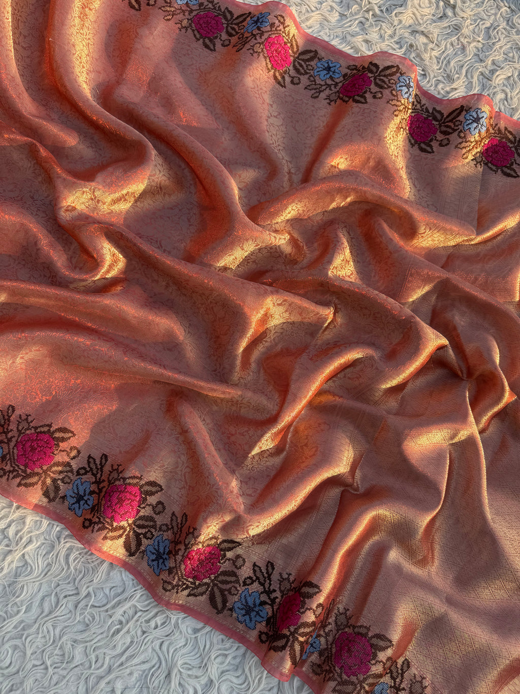 Orange Banarasi Tanchui Embroidery Tissue Silk Saree