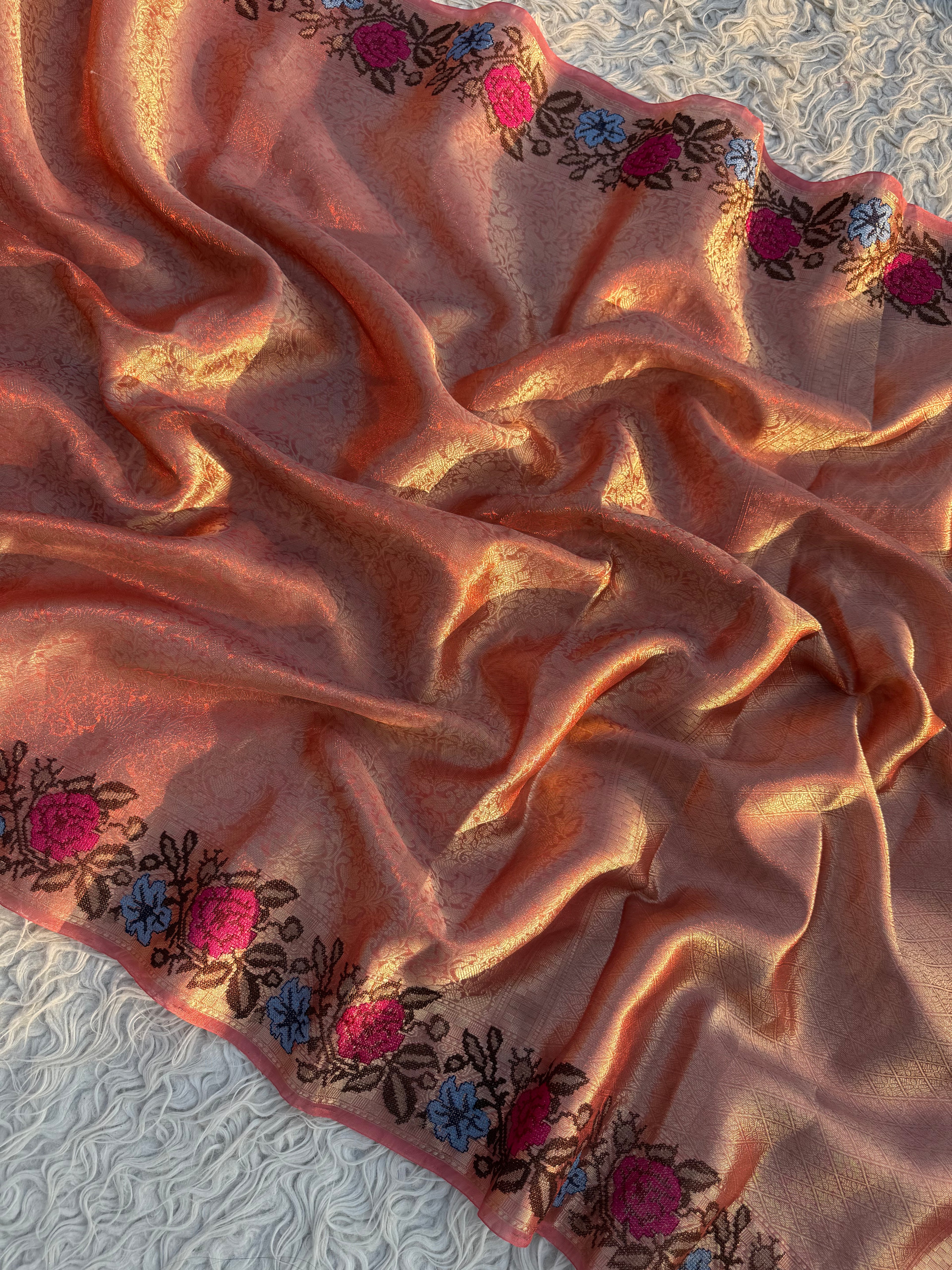 Orange Banarasi Tanchui Embroidery Tissue Silk Saree