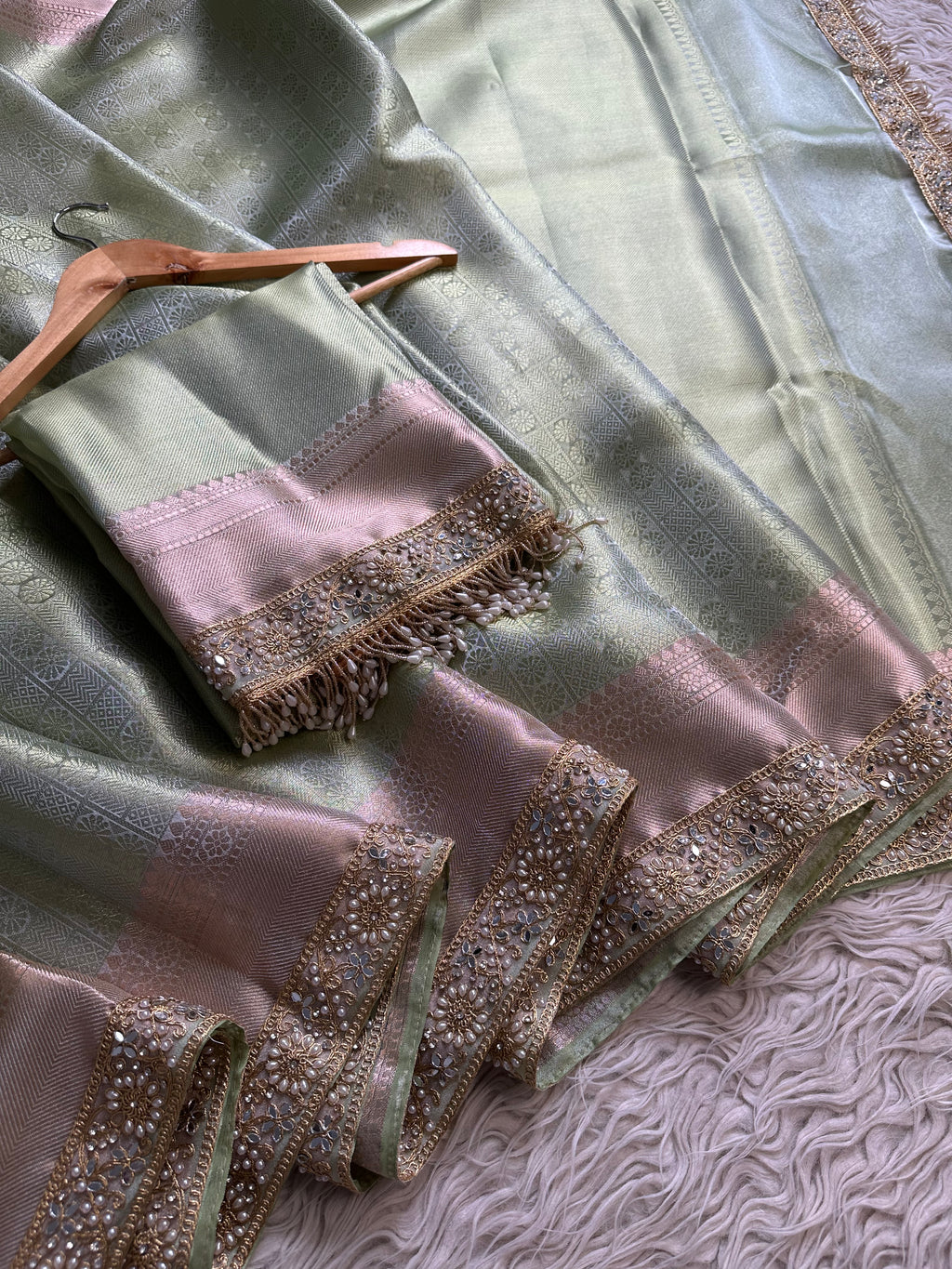 Bridal Kanjeevaram Brocade Tissue Saree with Designer Pearl and Mirror Lace Work Jhalar Lace on Pallu