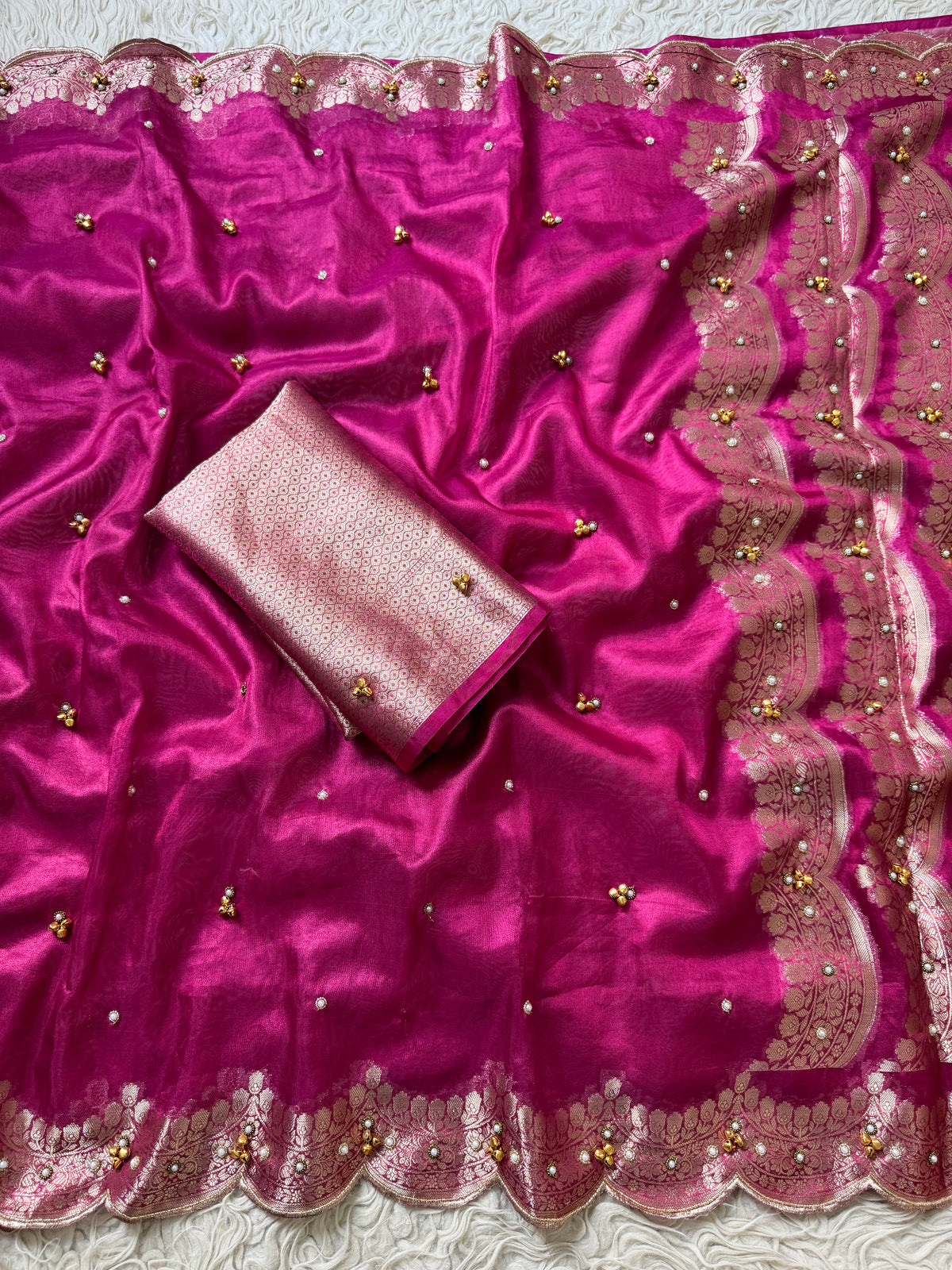 Banarasi Tissue Saree with Aari Work on all over Body with Intricate scallop border and pallu with Ghungroo