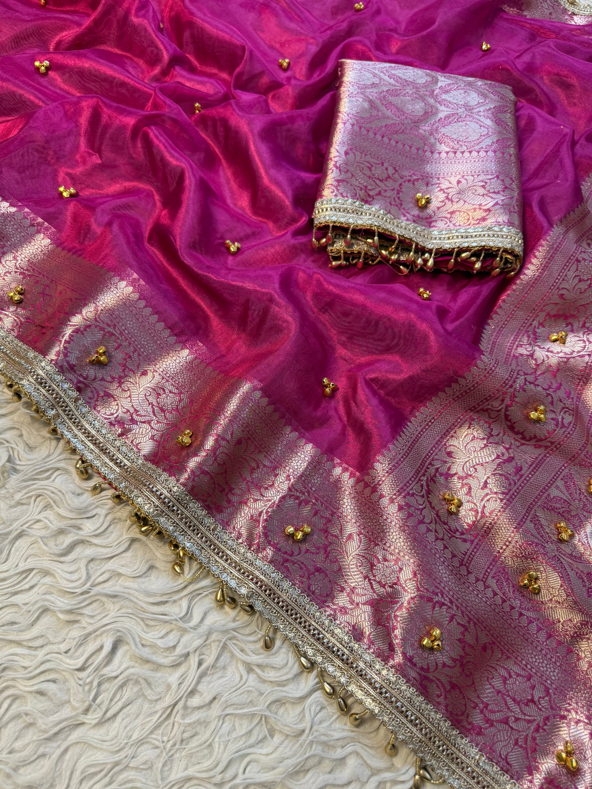 Rani pink Banarasi tissue saree X ghungroo work