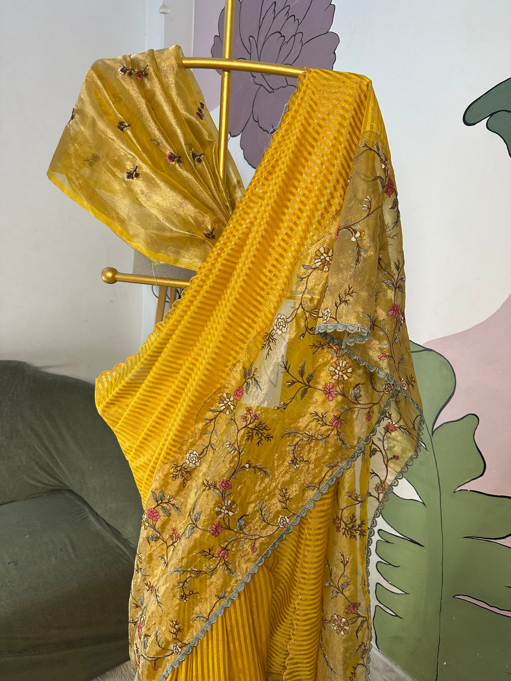 Yellow Designer Chiniya Tissue Silk Stripe Saree with multi color floral embroidered on Tissue Base