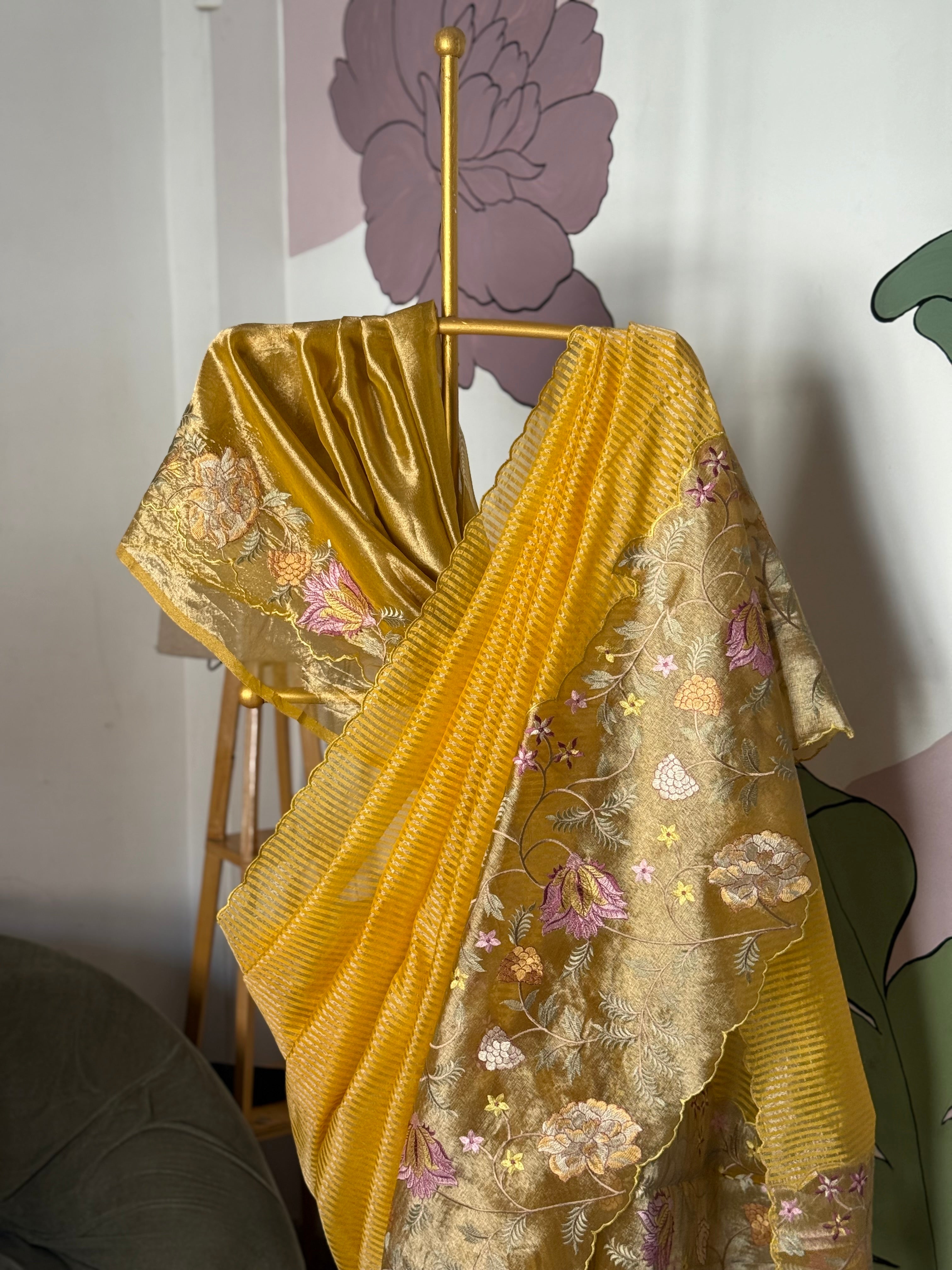 Yellow Designer Chiniya Tissue Silk Stripe Saree with multi color floral embroidered on Tissue Base