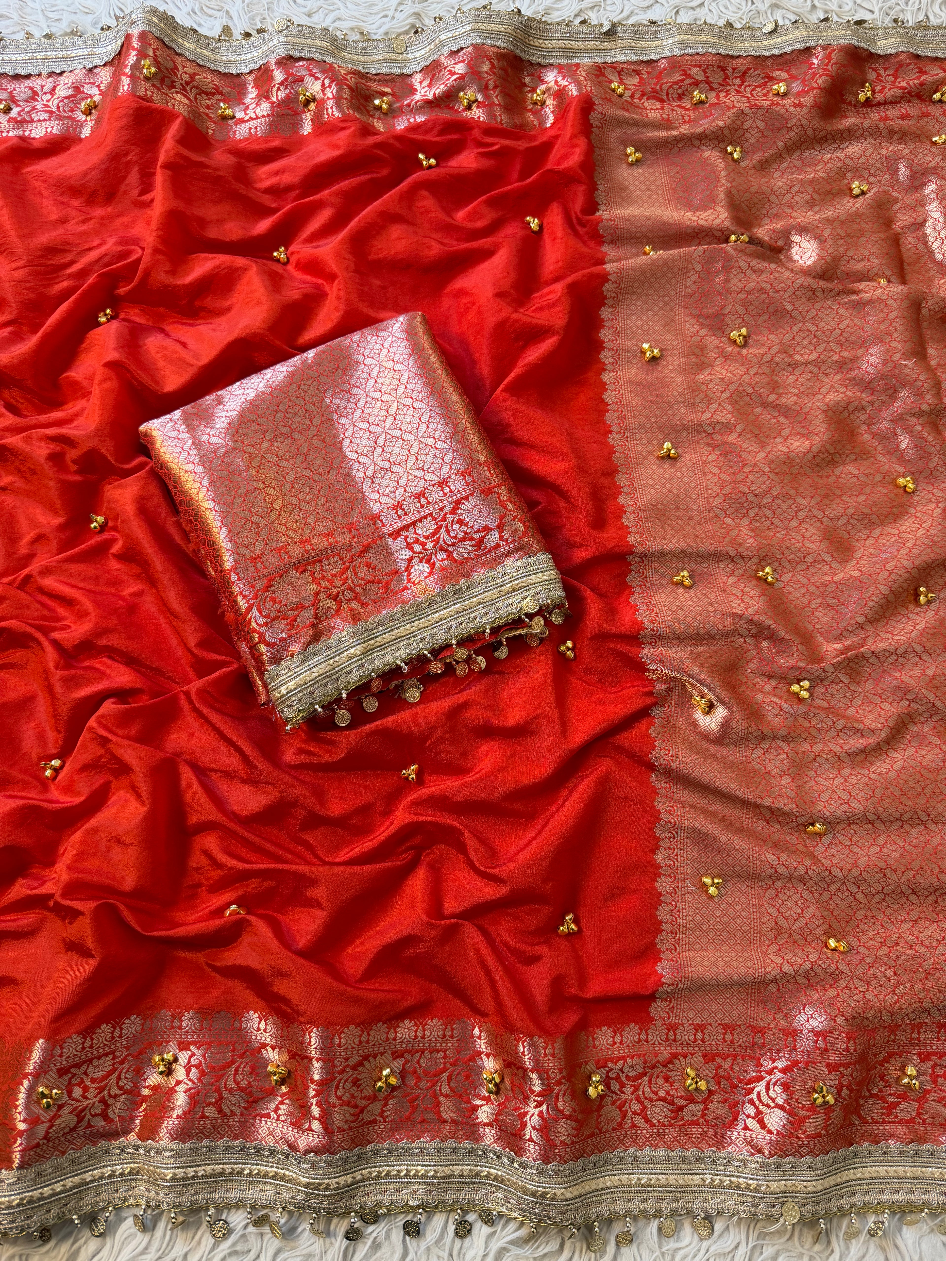 Orange Banarasi butter silk saree X ghungroo work