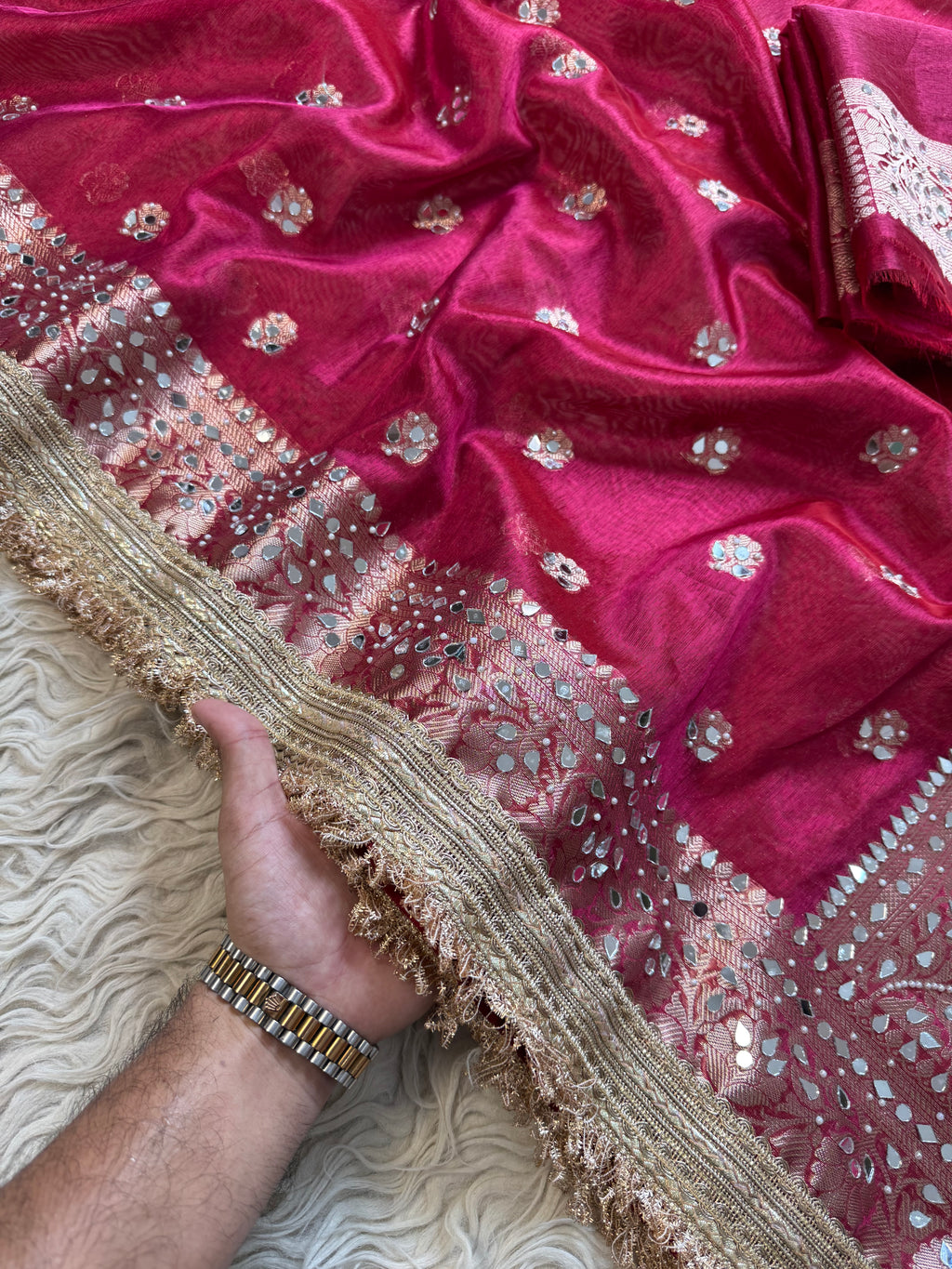 Designer Banarasi Tissue Saree with Pearl Work on all over Body with Intricate Border and Pallu Design Along with Gotta Patti Lace Work