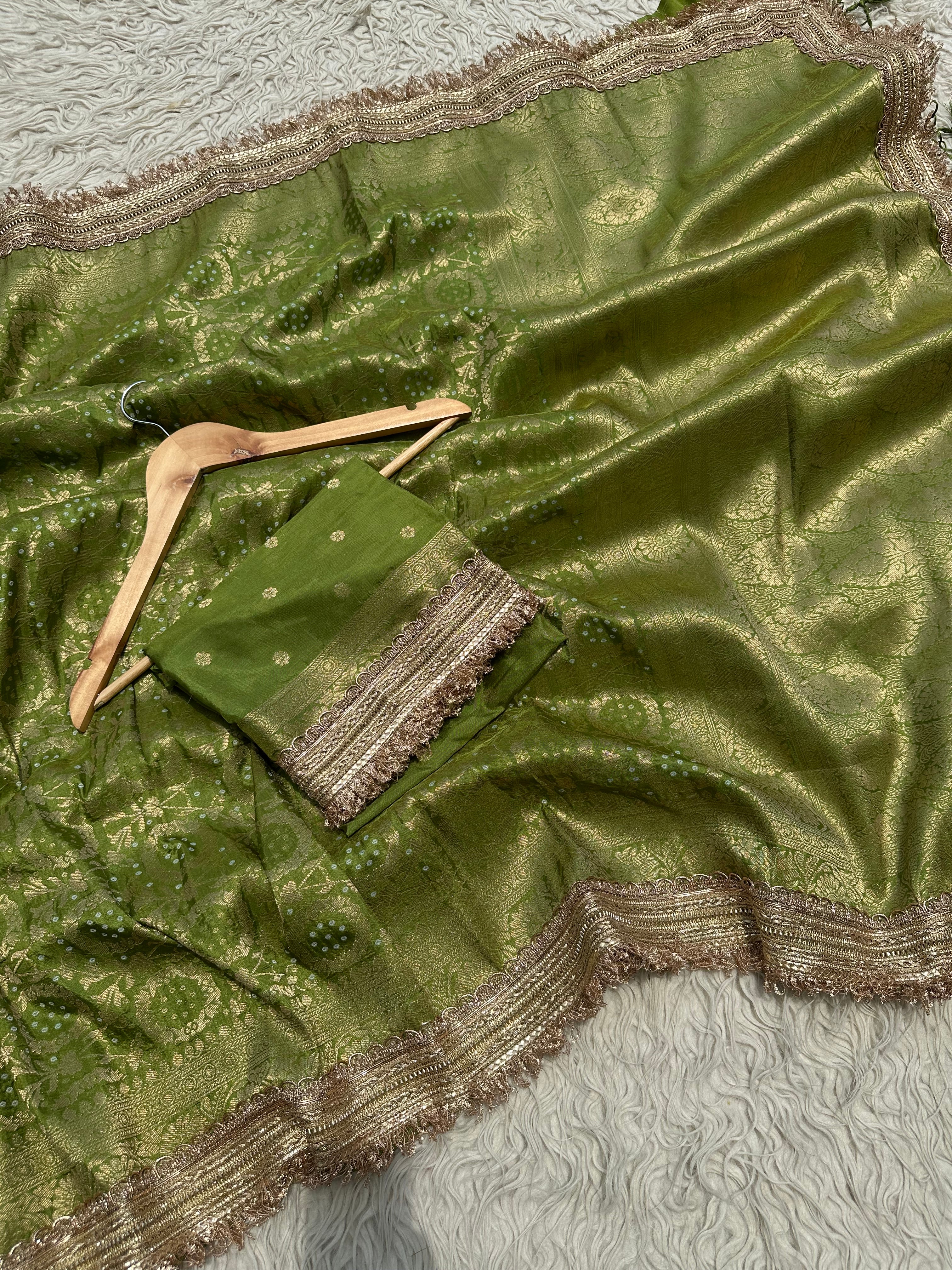 Mehndi Green Designer Georgette Katan Silk Saree with Gota Patti