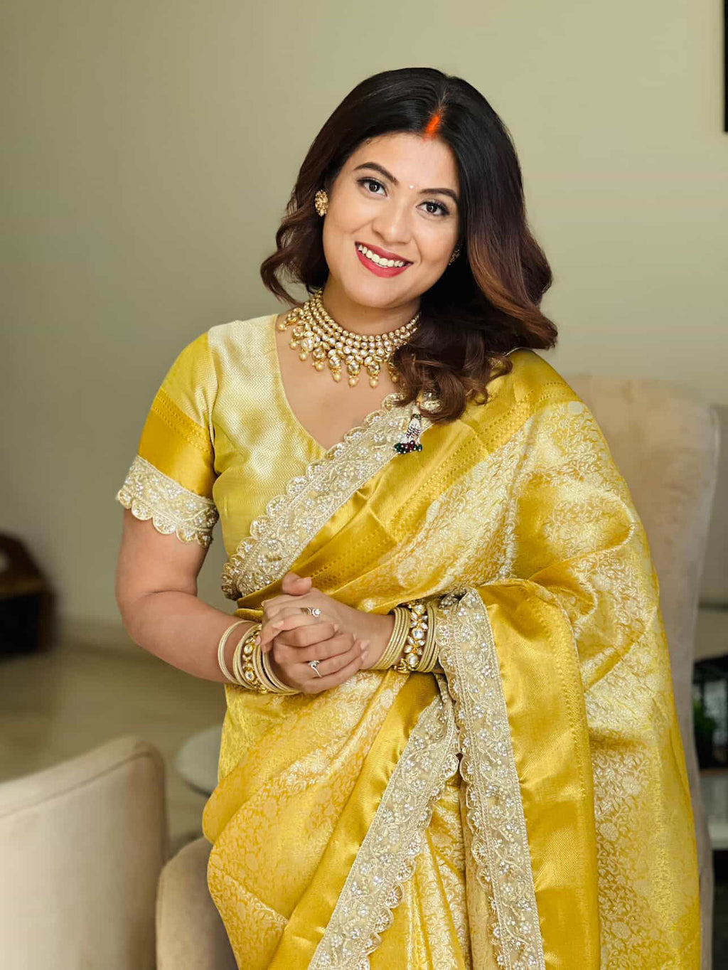 Gold Bridal Kanjeevaram Brocade Tissue Saree with Designer Pearl and Mirror Lace Work Jhalar Lace on Pallu 