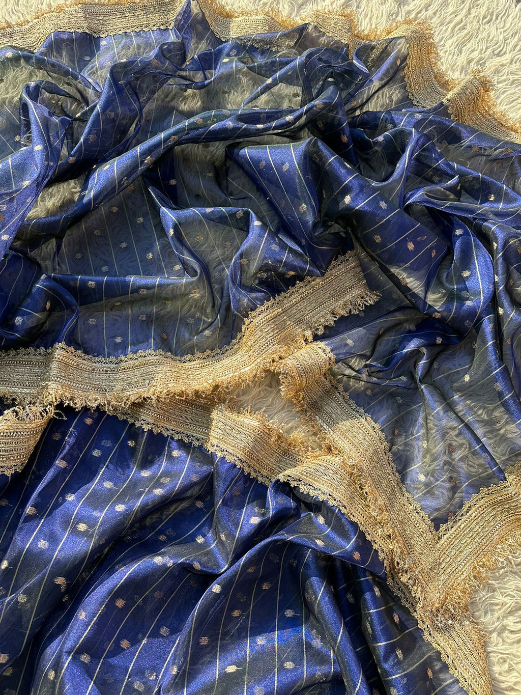 Designer Tissue Saree with Stripe and Buti Pattern with Gotta Patti Lace work on Border