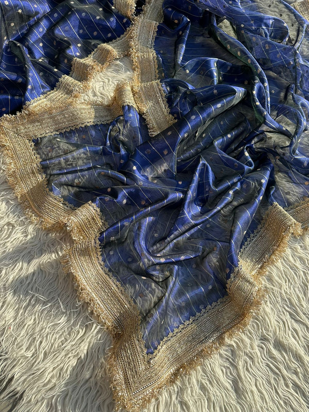 Designer Tissue Saree with Stripe and Buti Pattern with Gotta Patti Lace work on Border