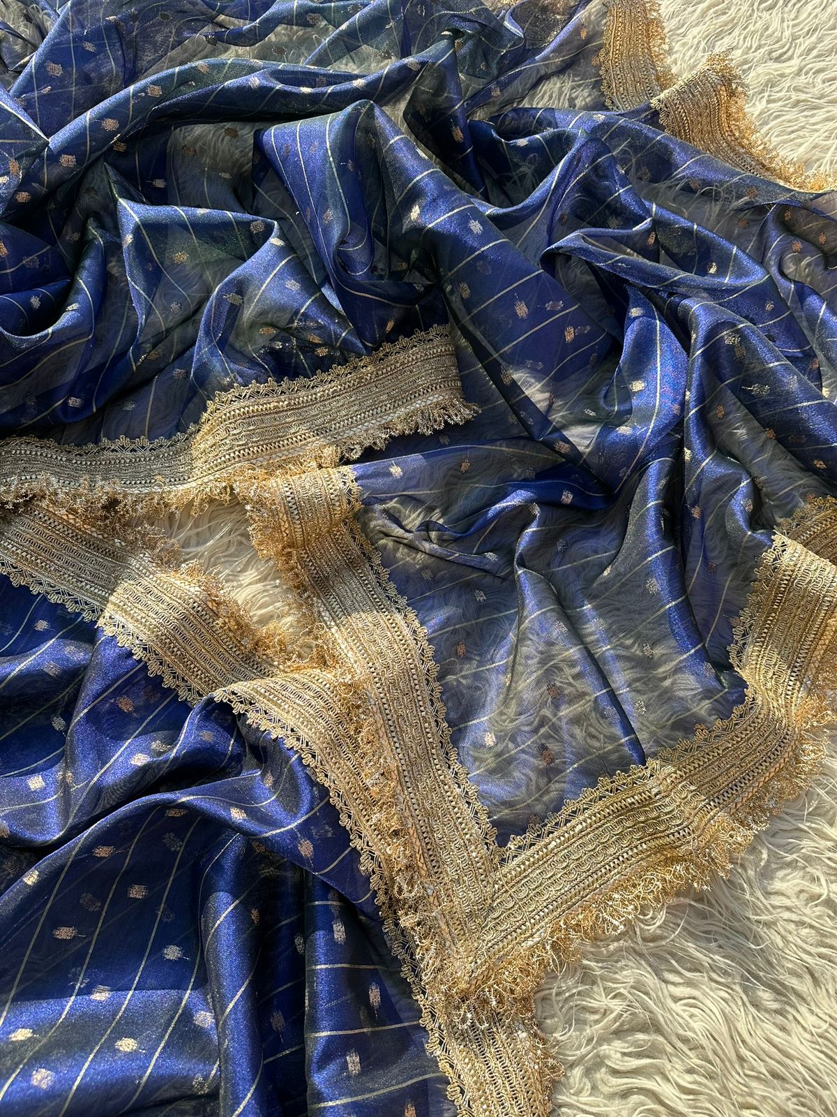 Designer Tissue Saree with Stripe and Buti Pattern with Gotta Patti Lace work on Border