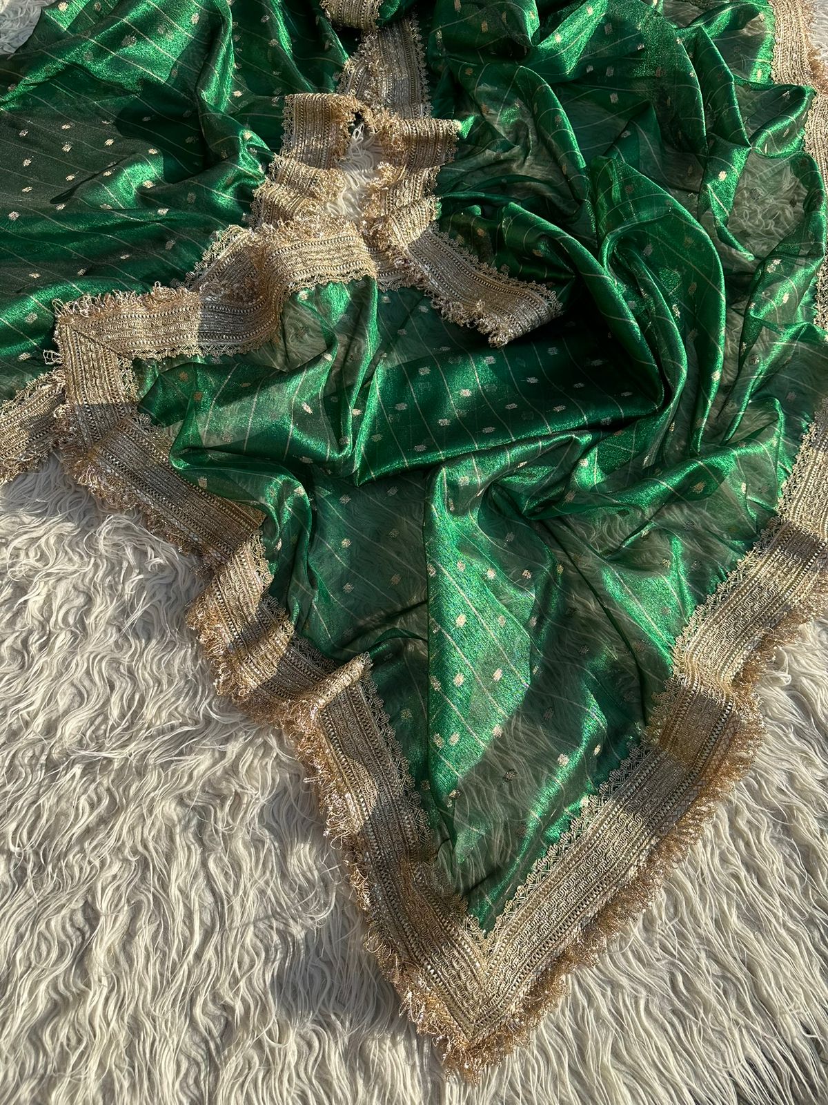 Designer Tissue Saree with Stripe and Buti Pattern with Gotta Patti Lace work on Border