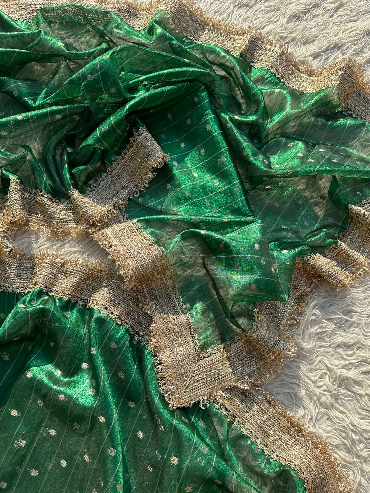 Designer Tissue Saree with Stripe and Buti Pattern with Gotta Patti Lace work on Border