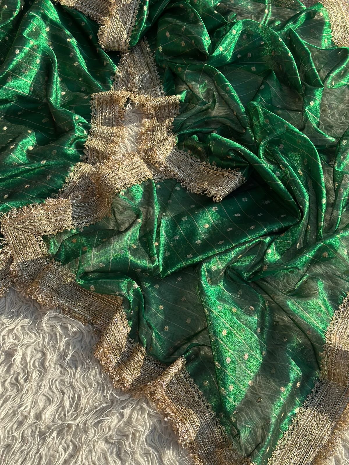 Designer Tissue Saree with Stripe and Buti Pattern with Gotta Patti Lace work on Border