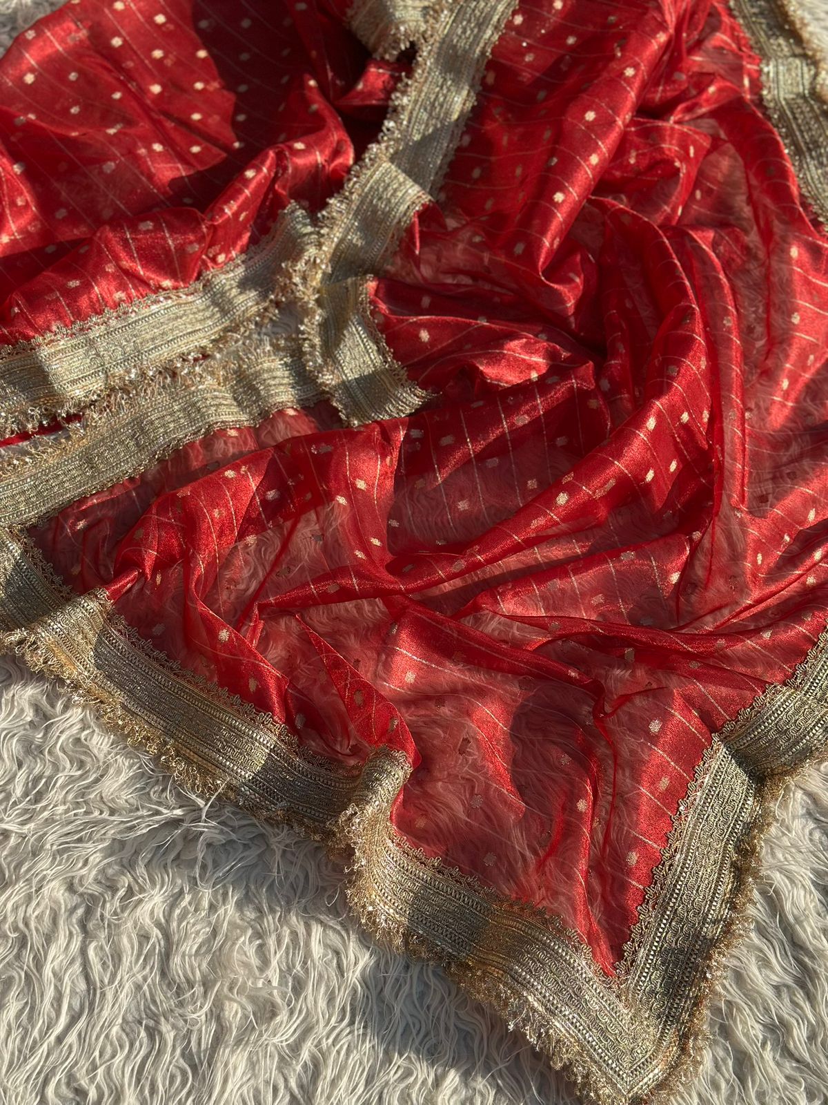 Designer Tissue Saree with Stripe and Buti Pattern with Gotta Patti Lace work on Border