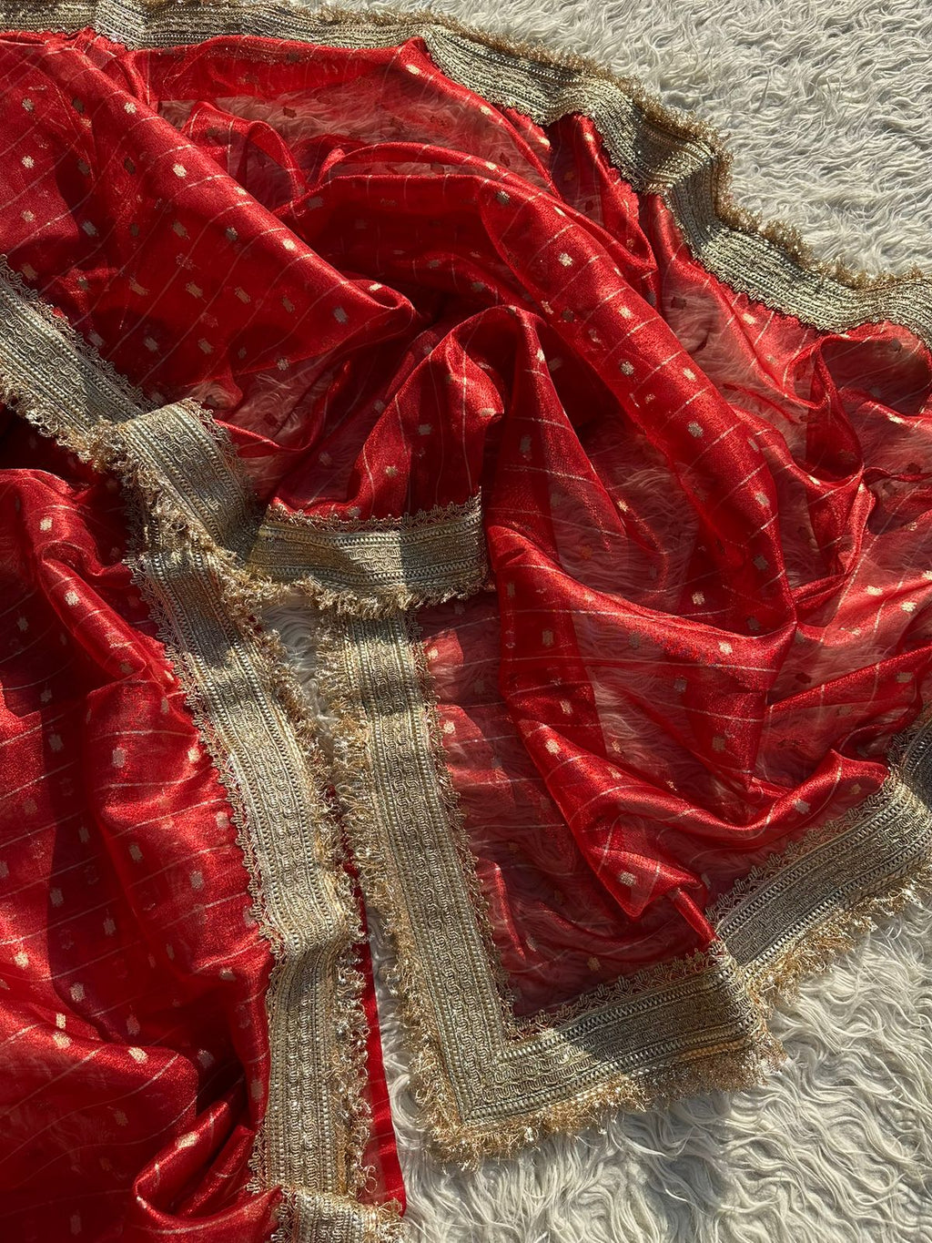 Designer Tissue Saree with Stripe and Buti Pattern with Gotta Patti Lace work on Border