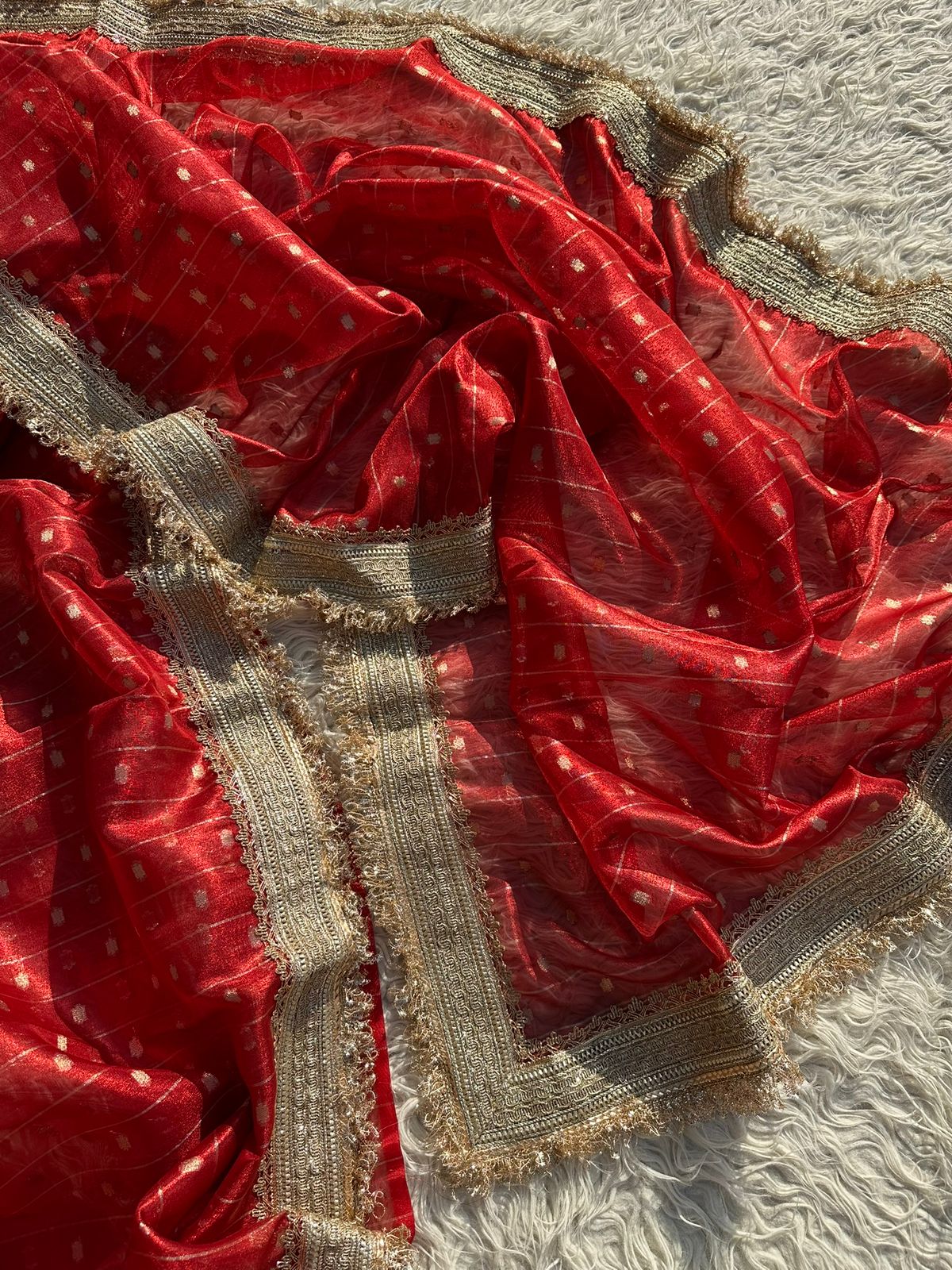 Designer Tissue Saree with Stripe and Buti Pattern with Gotta Patti Lace work on Border