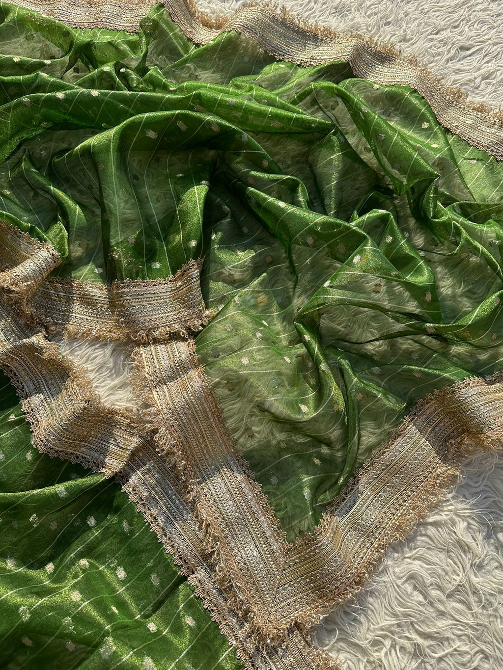 Designer Tissue Saree with Stripe and Buti Pattern with Gotta Patti Lace work on Border