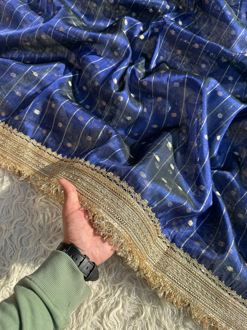 Designer Tissue Saree with Stripe and Buti Pattern with Gotta Patti Lace work on Border