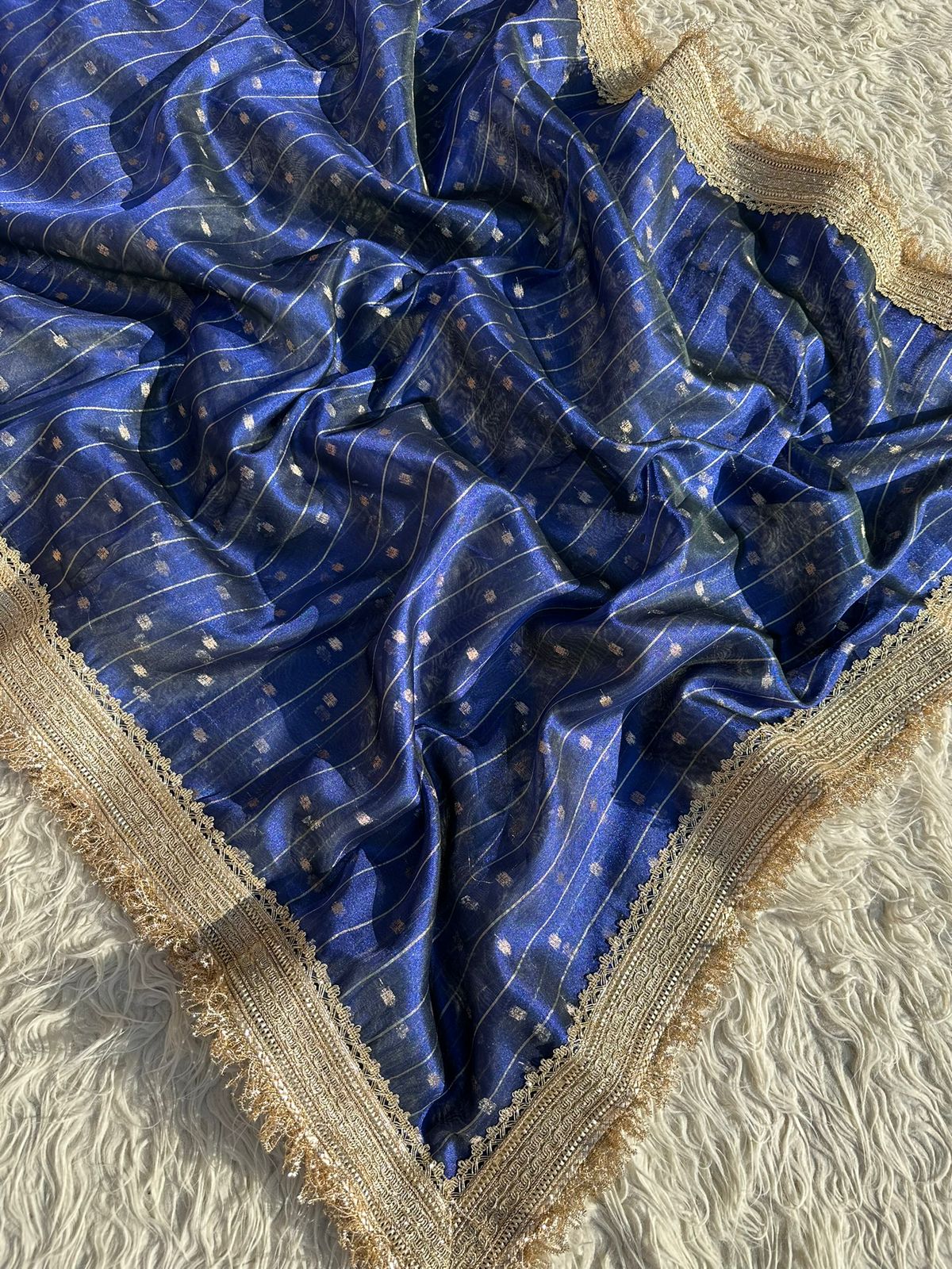 Designer Tissue Saree with Stripe and Buti Pattern with Gotta Patti Lace work on Border