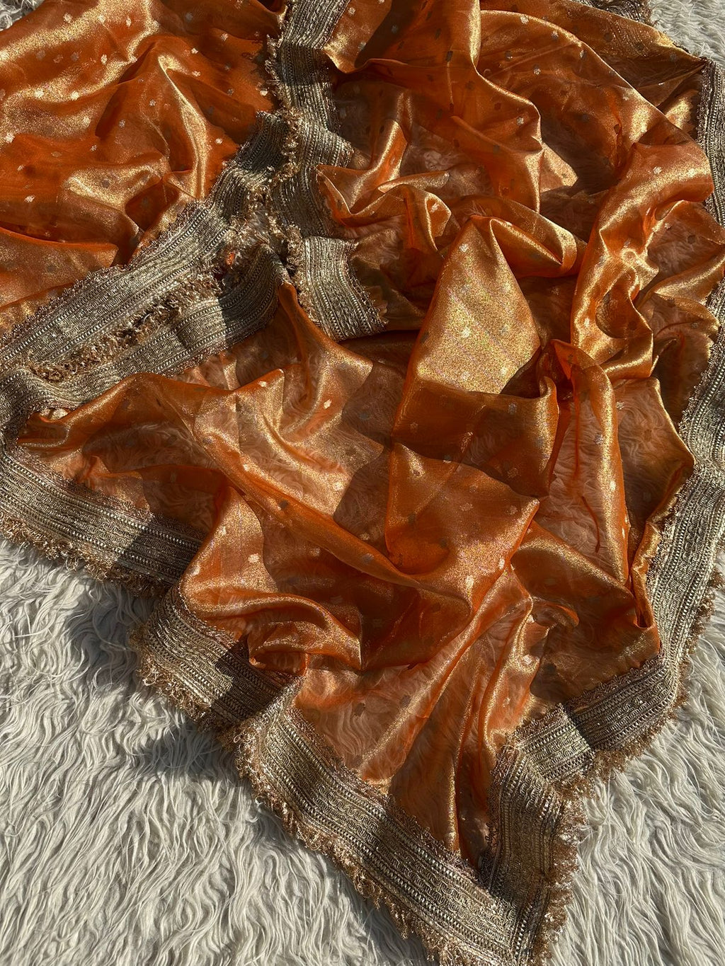 Designer Tissue Saree with Stripe and Buti Pattern with Gotta Patti Lace work on Border