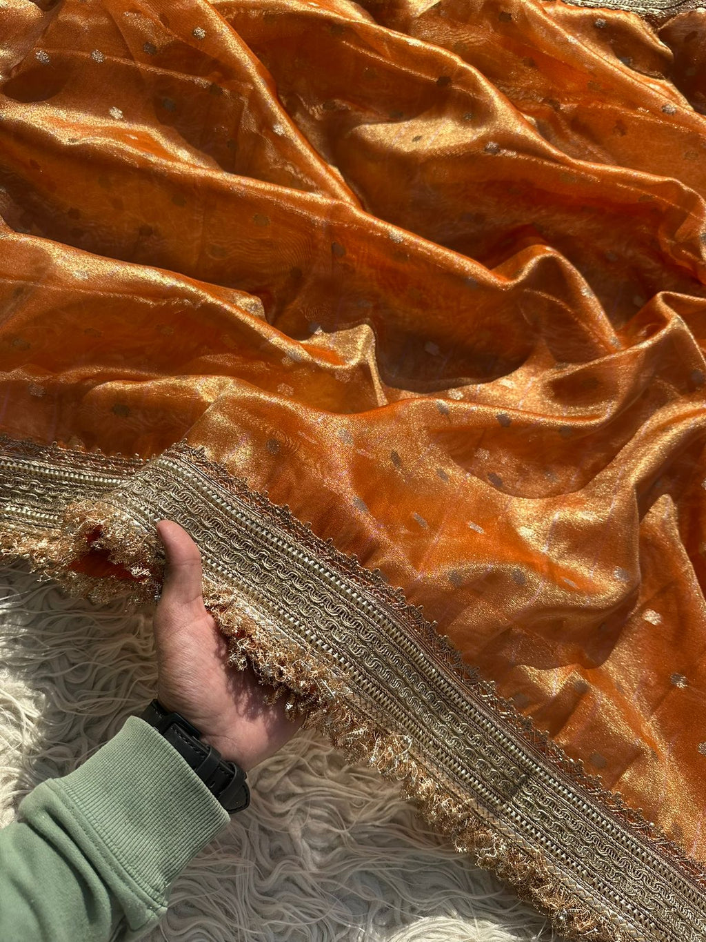 Designer Tissue Saree with Stripe and Buti Pattern with Gotta Patti Lace work on Border