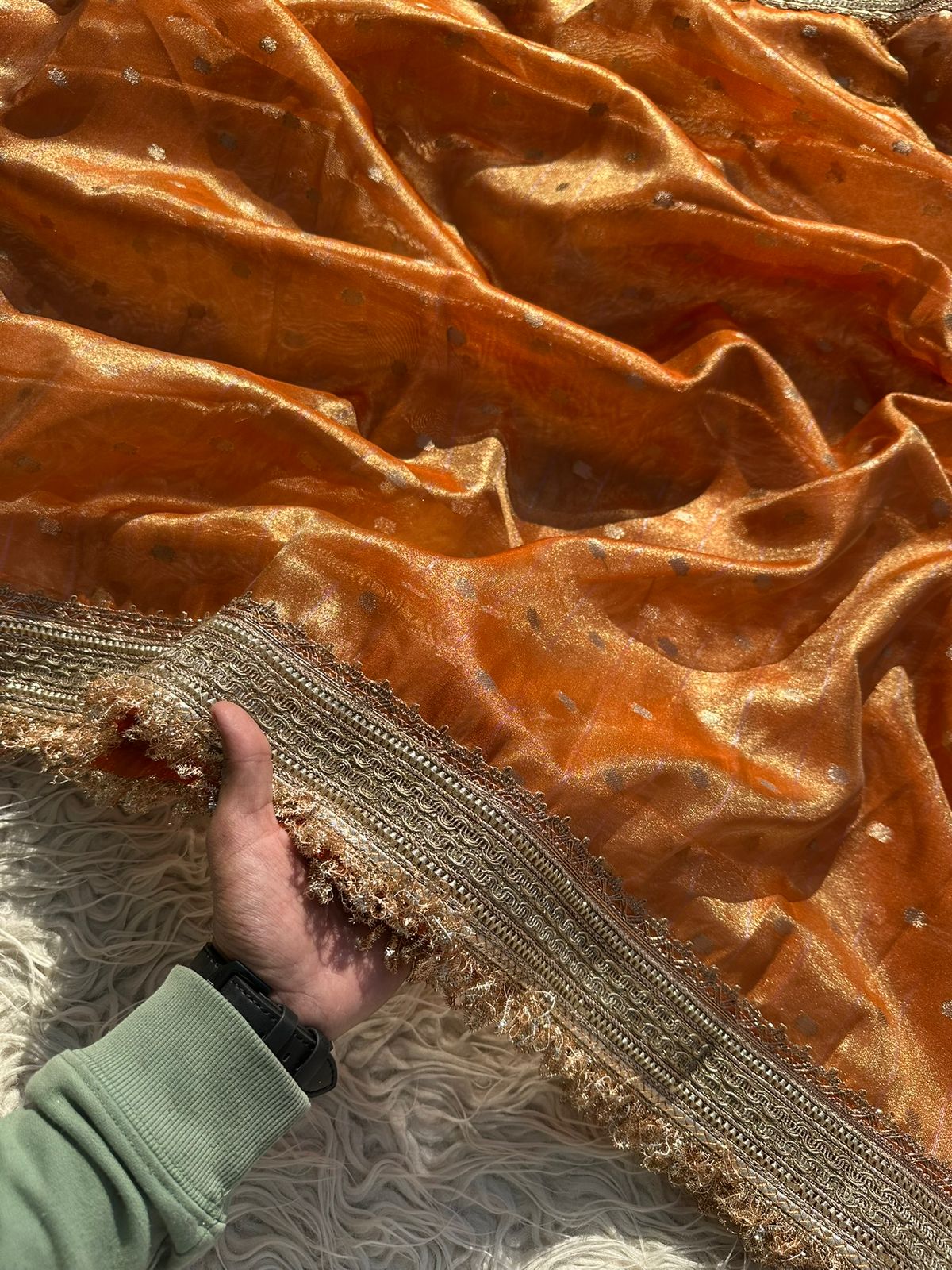 Designer Tissue Saree with Stripe and Buti Pattern with Gotta Patti Lace work on Border