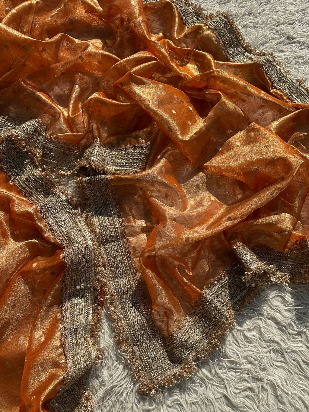 Designer Tissue Saree with Stripe and Buti Pattern with Gotta Patti Lace work on Border