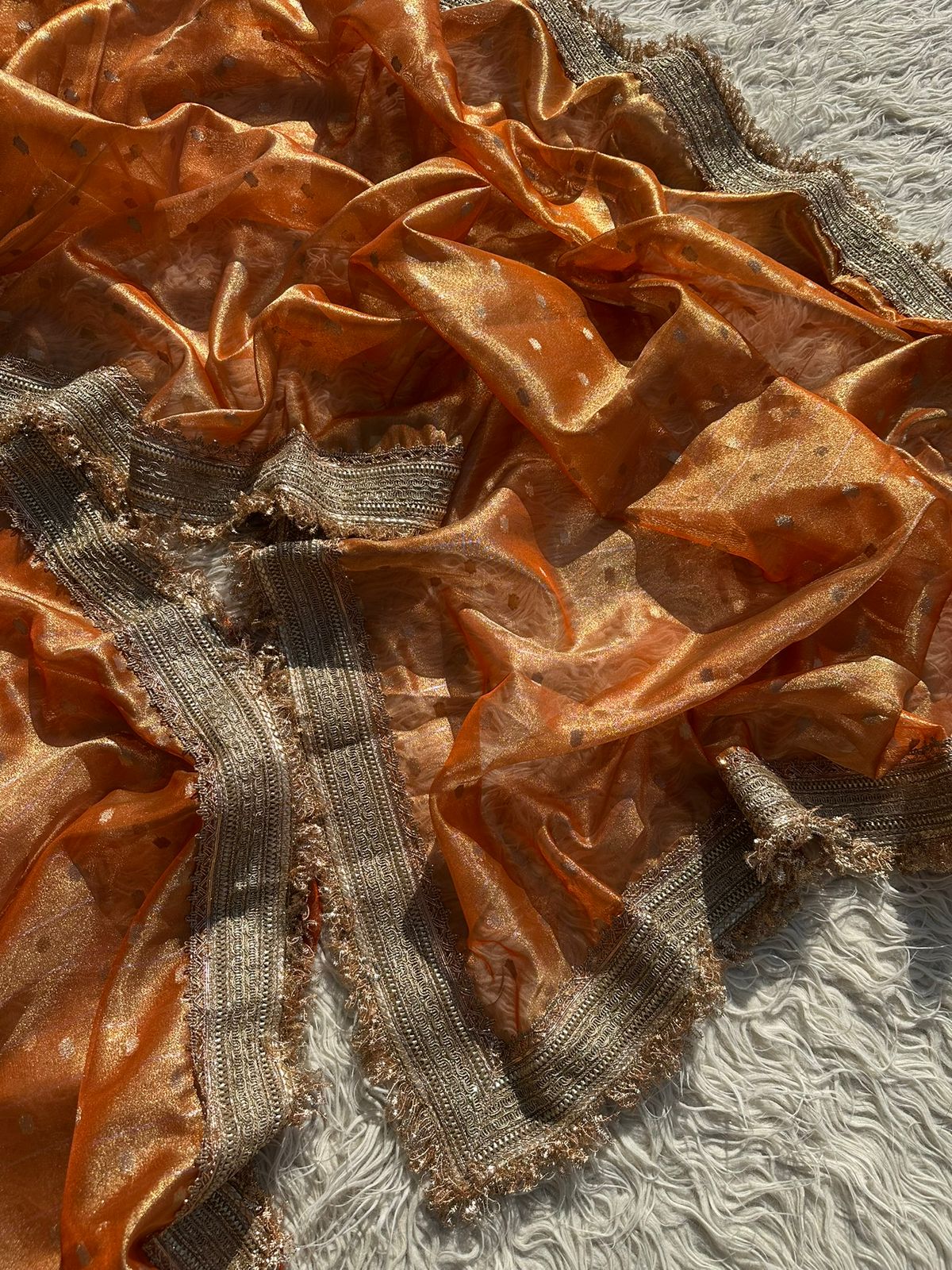 Designer Tissue Saree with Stripe and Buti Pattern with Gotta Patti Lace work on Border