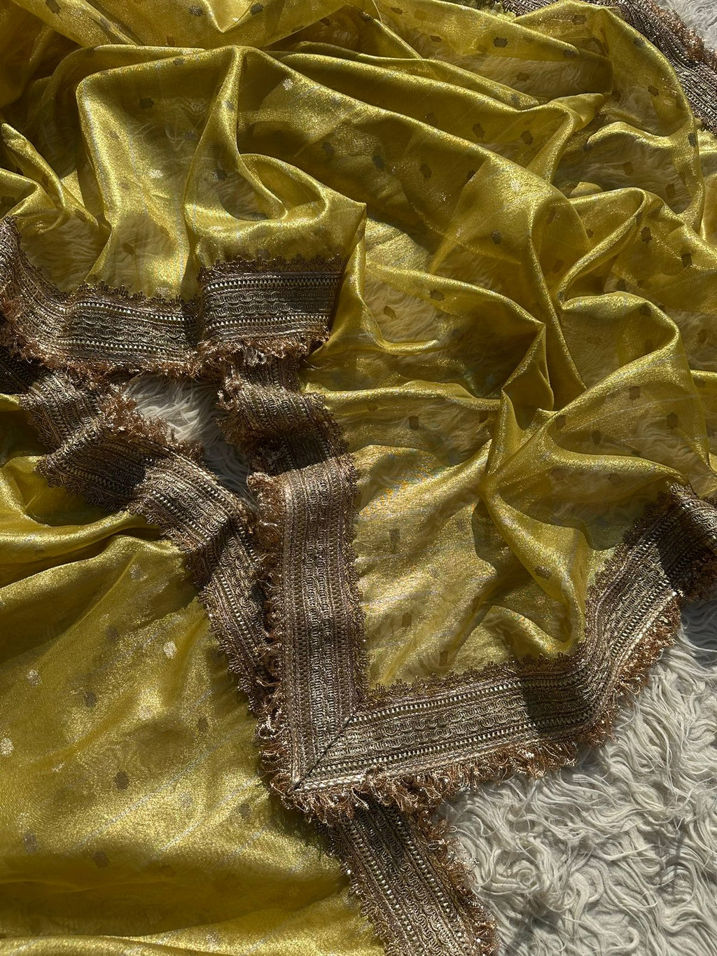 Designer Tissue Saree with Stripe and Buti Pattern with Gotta Patti Lace work on Border