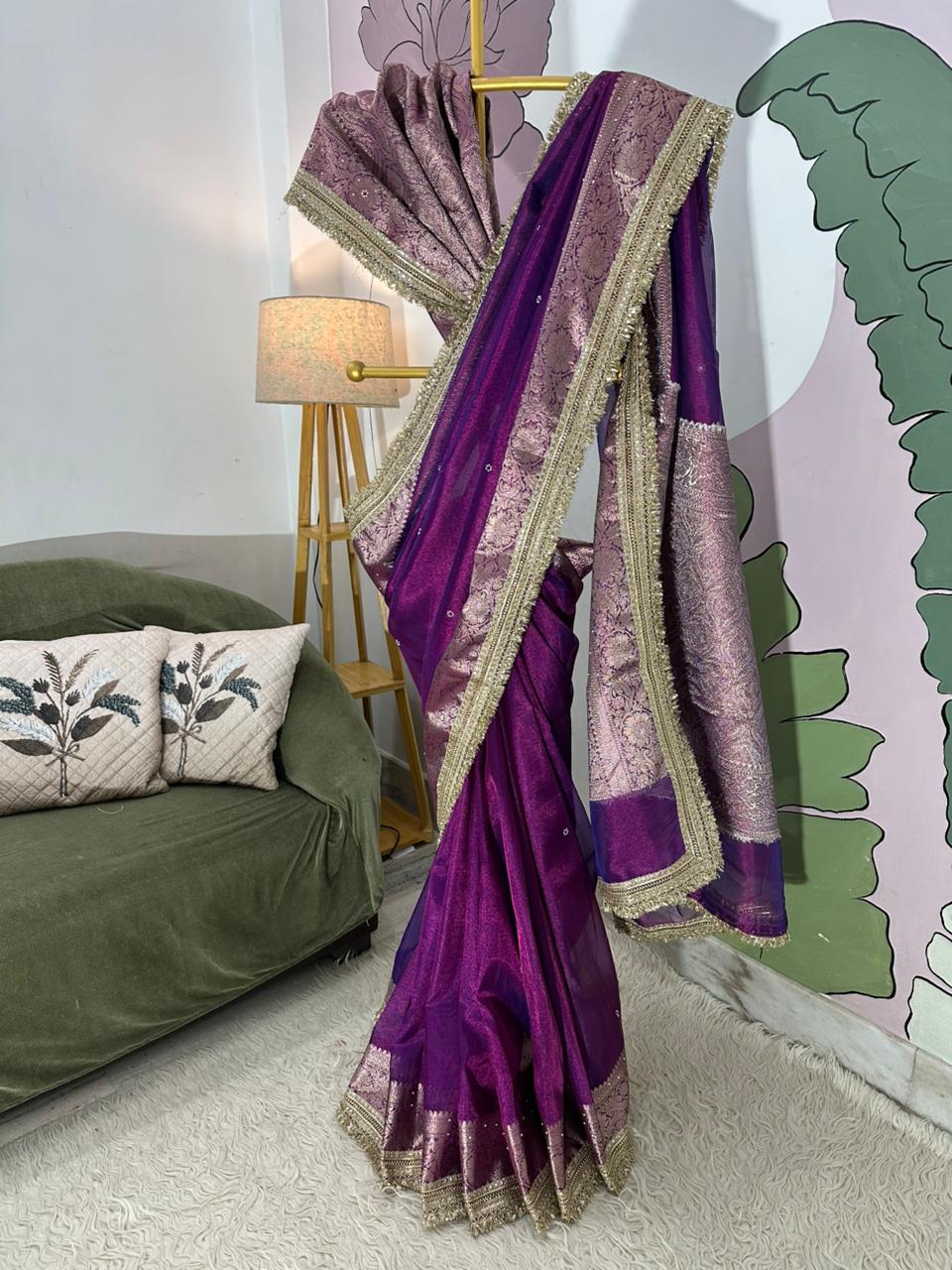 Designer Banarasi Tissue Saree with Pearl Work on All Over Body with Intricate Border and Pallu Design Along with Gotta Patti Lace Work