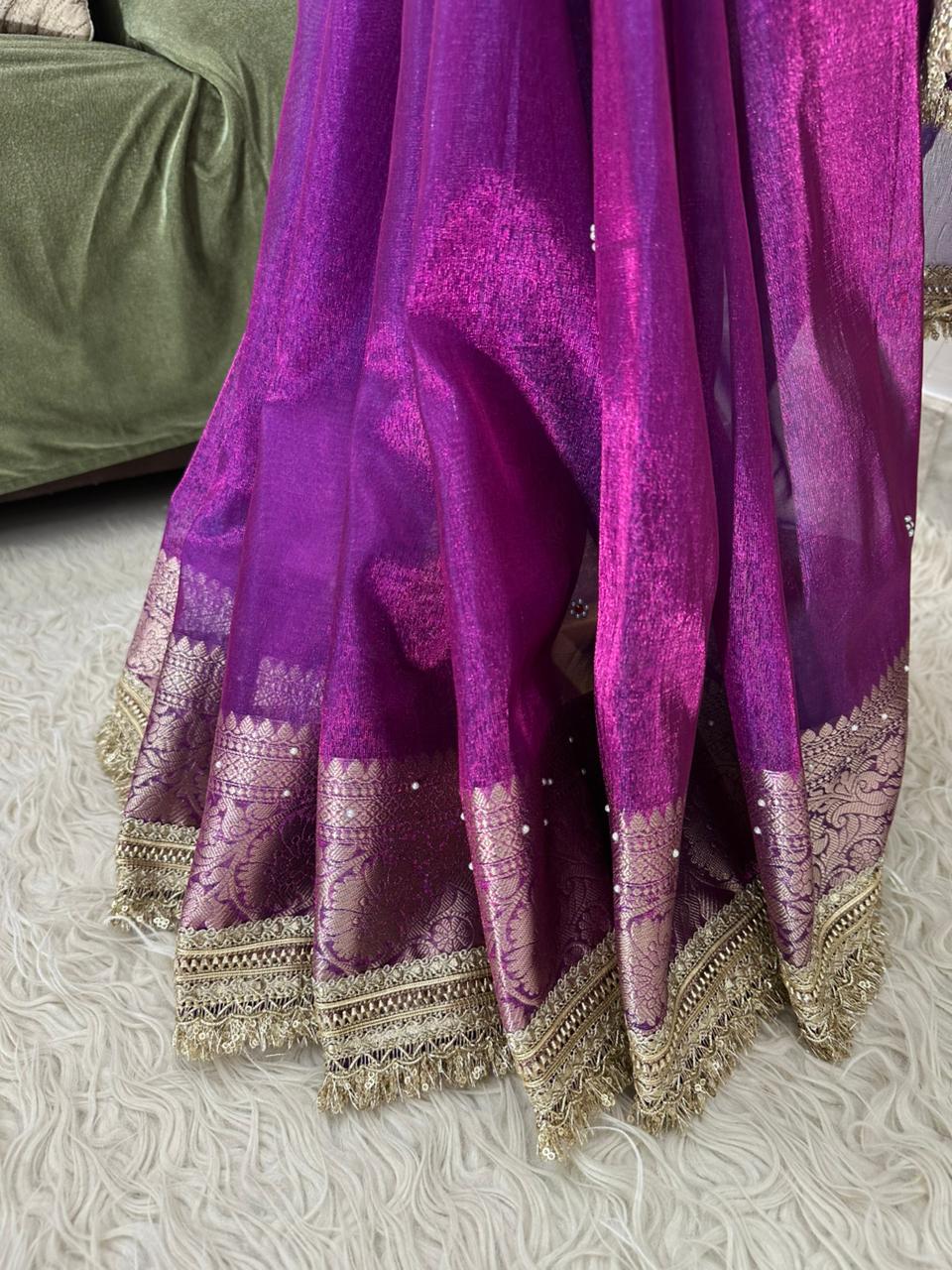 Designer Banarasi Tissue Saree with Pearl Work on All Over Body with Intricate Border and Pallu Design Along with Gotta Patti Lace Work