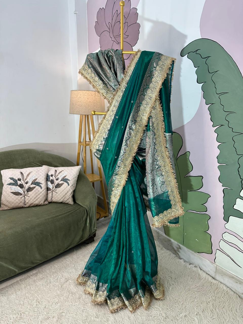 Designer Banarasi Tissue Saree with Pearl Work on All Over Body with Intricate Border and Pallu Design Along with Gotta Patti Lace Work