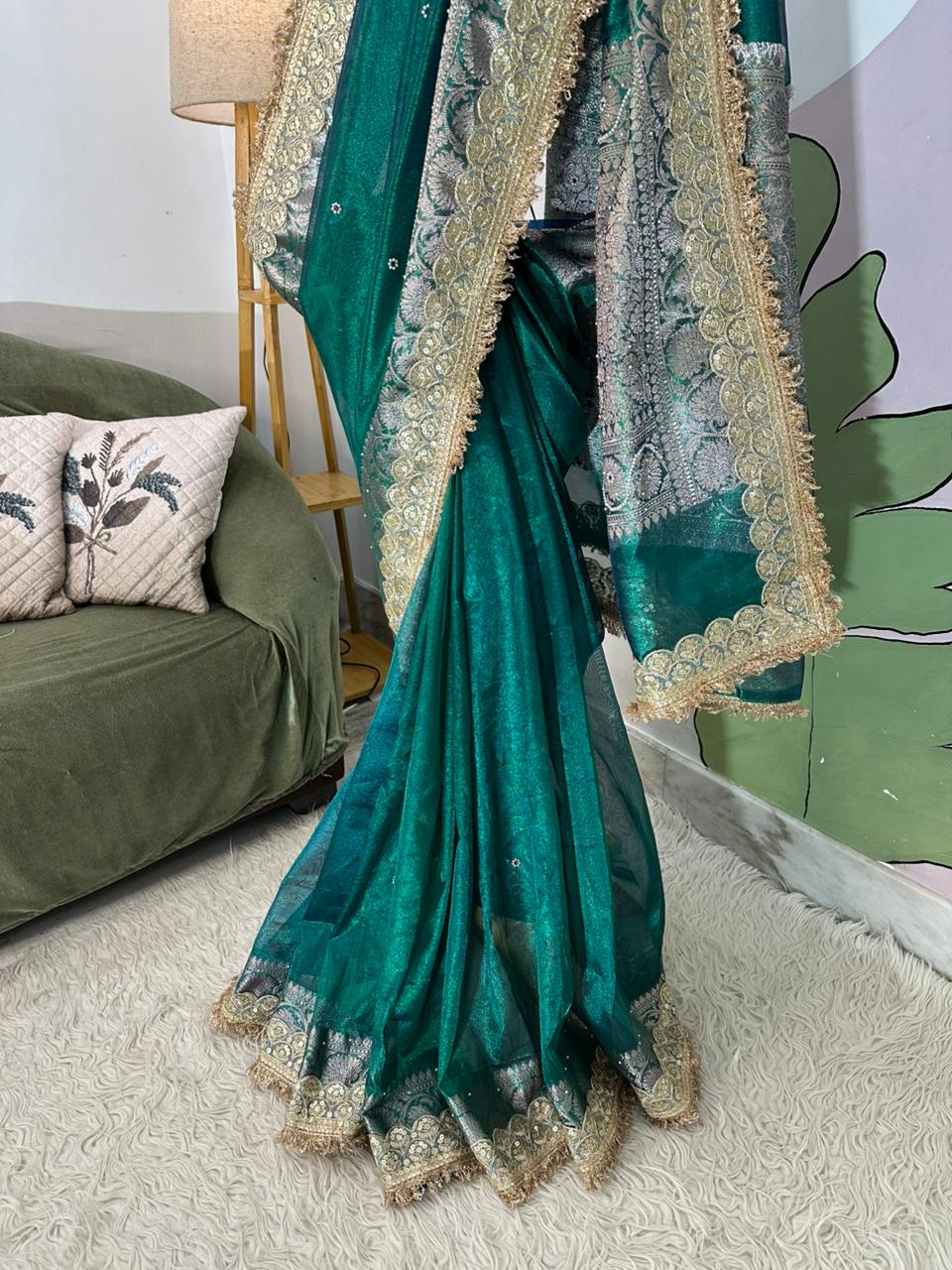 Designer Banarasi Tissue Saree with Pearl Work on All Over Body with Intricate Border and Pallu Design Along with Gotta Patti Lace Work