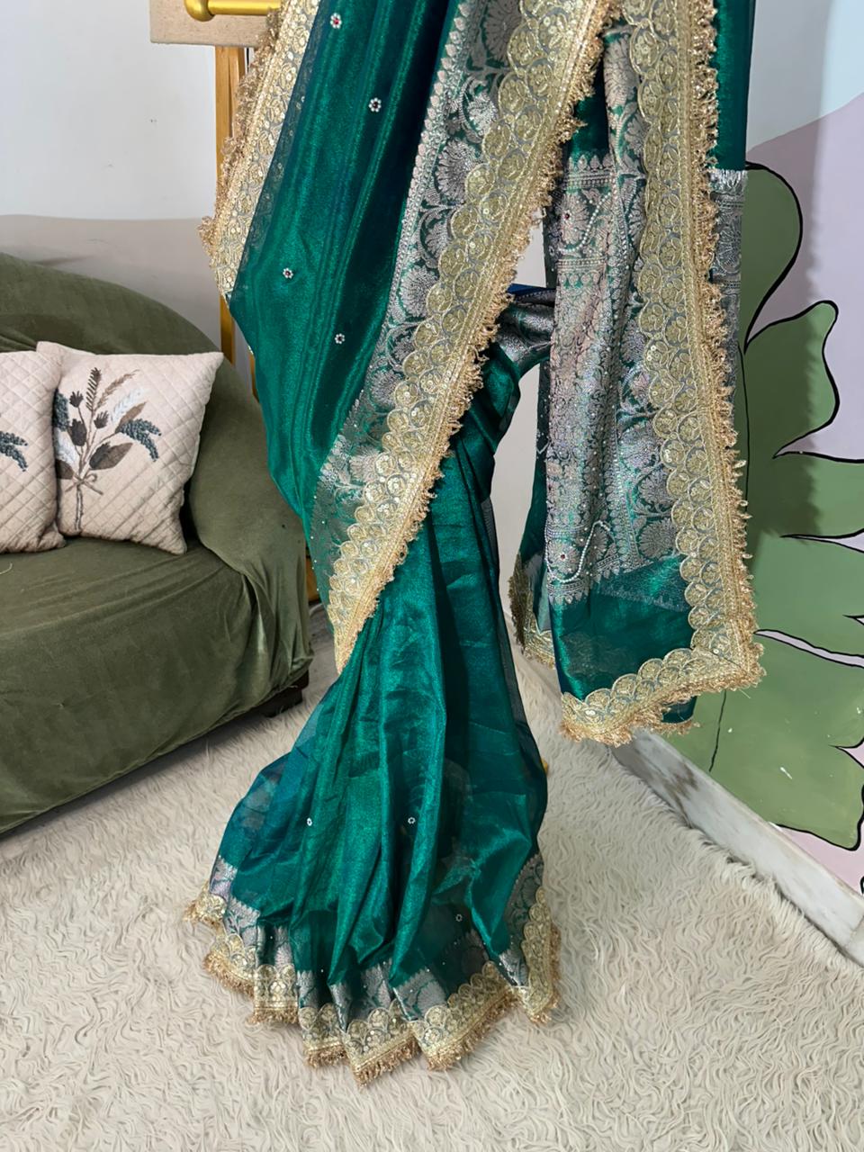 Designer Banarasi Tissue Saree with Pearl Work on All Over Body with Intricate Border and Pallu Design Along with Gotta Patti Lace Work