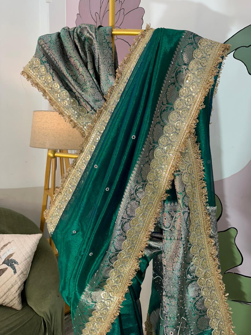 Designer Banarasi Tissue Saree with Pearl Work on All Over Body with Intricate Border and Pallu Design Along with Gotta Patti Lace Work