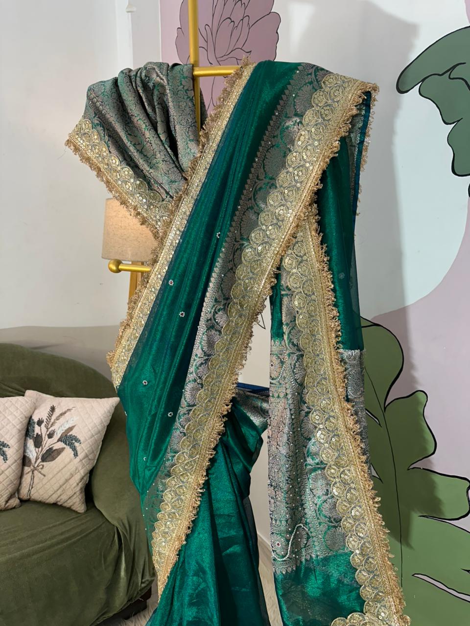 Designer Banarasi Tissue Saree with Pearl Work on All Over Body with Intricate Border and Pallu Design Along with Gotta Patti Lace Work