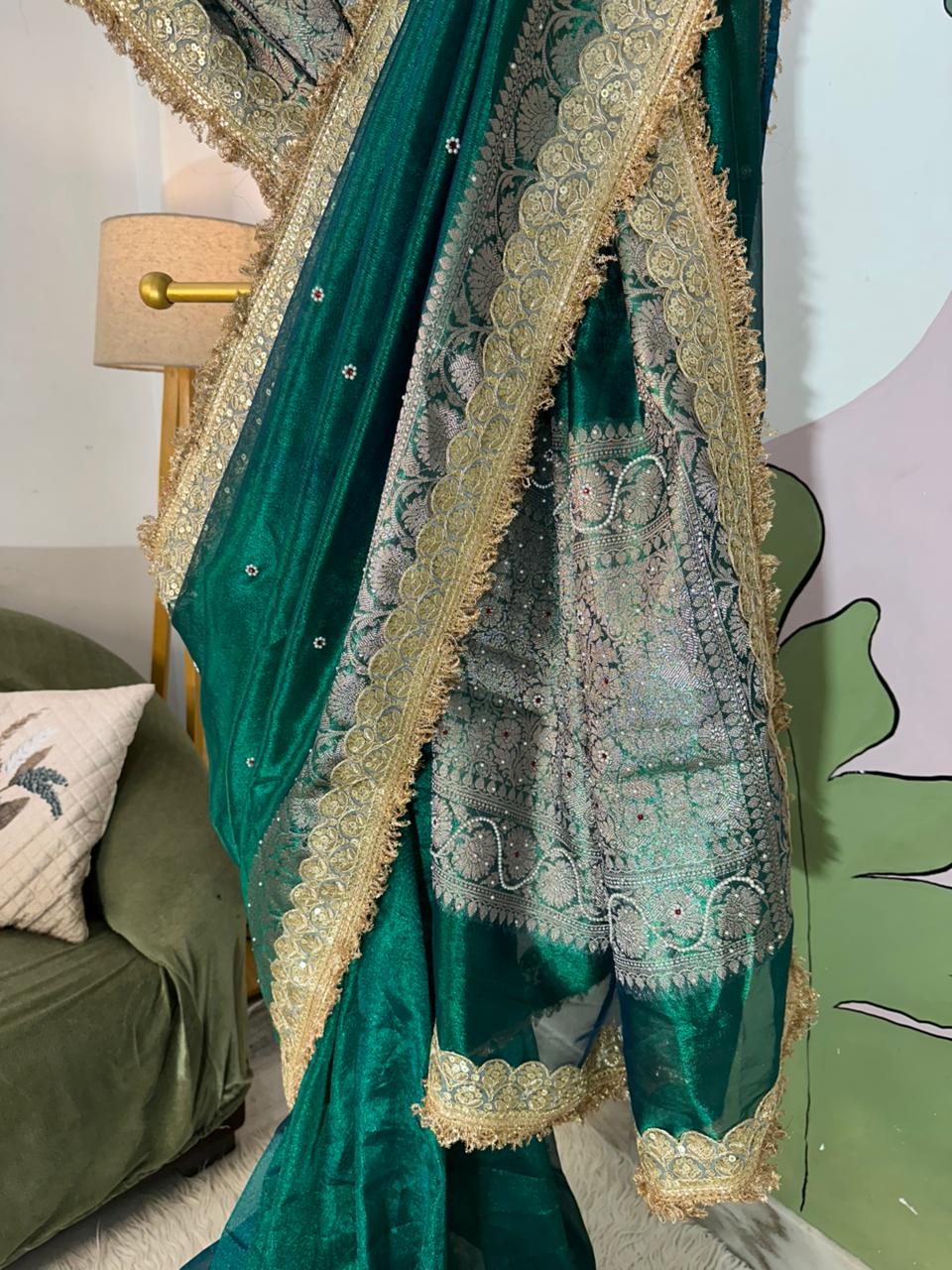 Designer Banarasi Tissue Saree with Pearl Work on All Over Body with Intricate Border and Pallu Design Along with Gotta Patti Lace Work