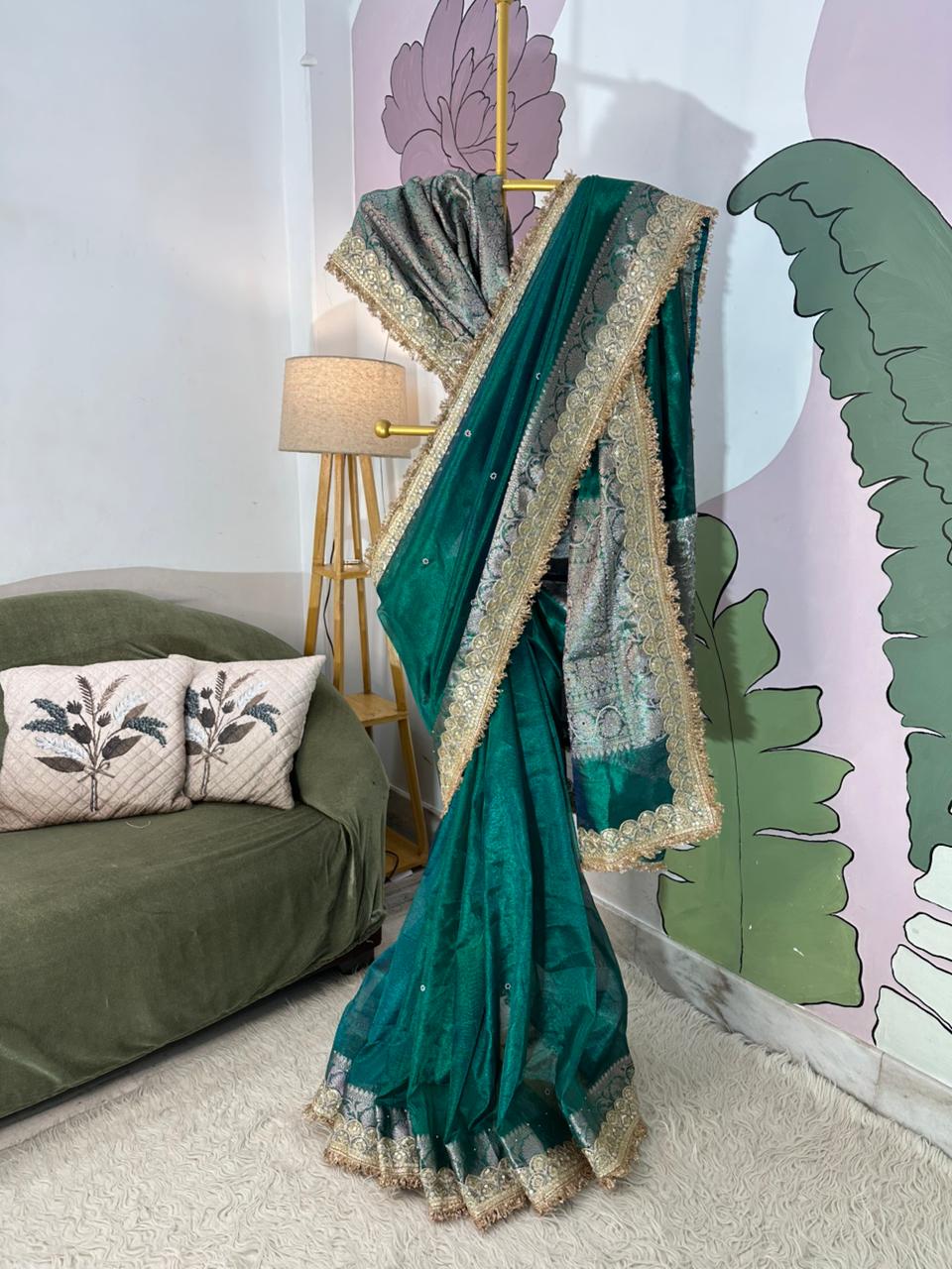 Designer Banarasi Tissue Saree with Pearl Work on All Over Body with Intricate Border and Pallu Design Along with Gotta Patti Lace Work