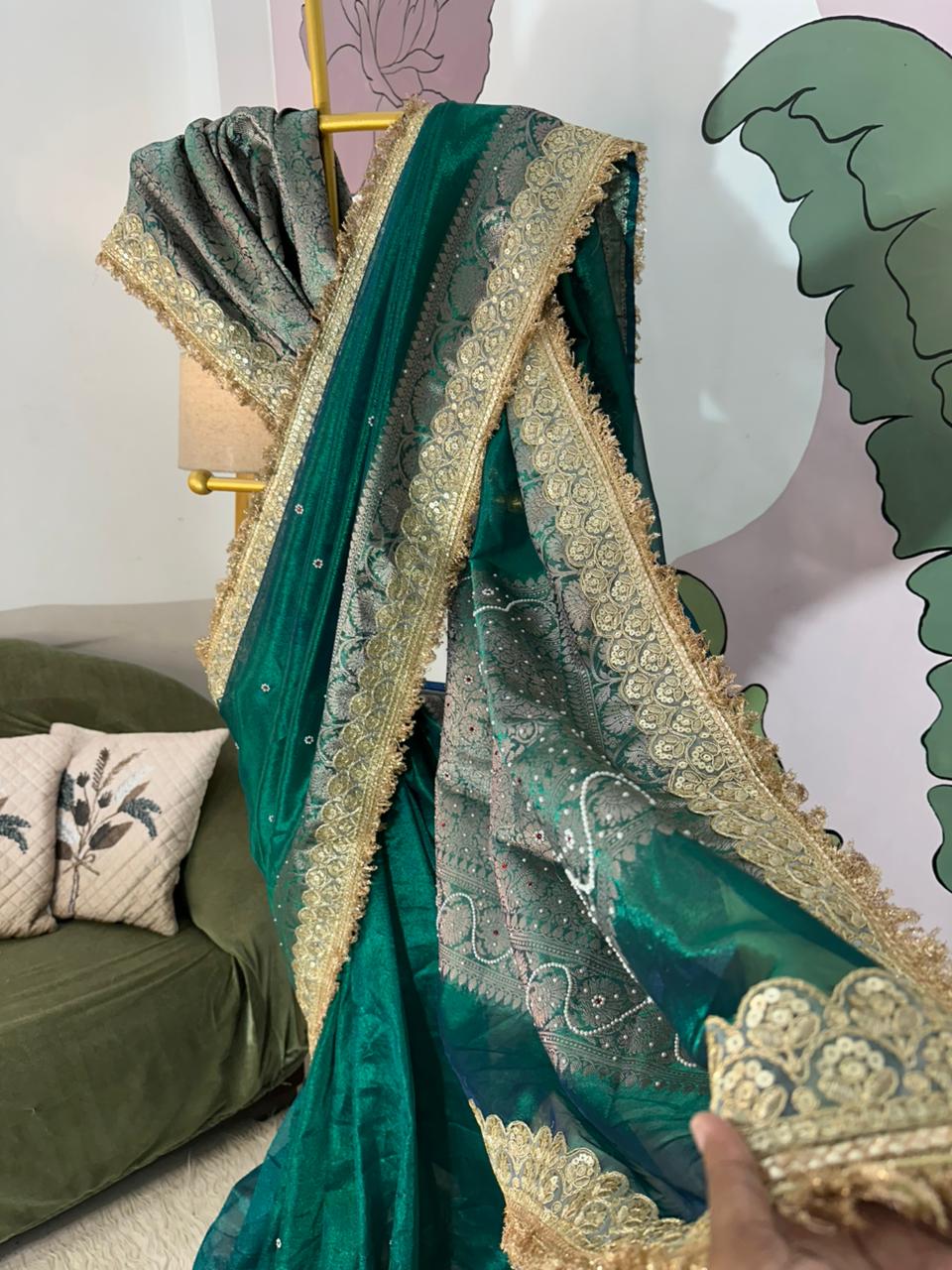 Designer Banarasi Tissue Saree with Pearl Work on All Over Body with Intricate Border and Pallu Design Along with Gotta Patti Lace Work