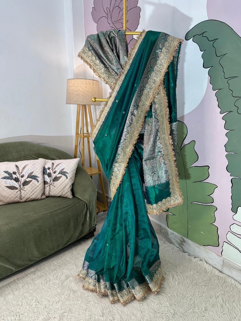 Designer Banarasi Tissue Saree with Pearl Work on All Over Body with Intricate Border and Pallu Design Along with Gotta Patti Lace Work