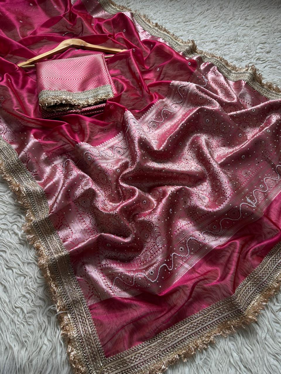 Designer Banarasi Tissue Saree with Pearl Work on all over Body with Intricate Border and Pallu Design Along with Gotta Patti Lace Work