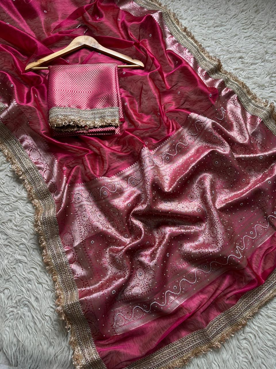 Designer Banarasi Tissue Saree with Pearl Work on all over Body with Intricate Border and Pallu Design Along with Gotta Patti Lace Work